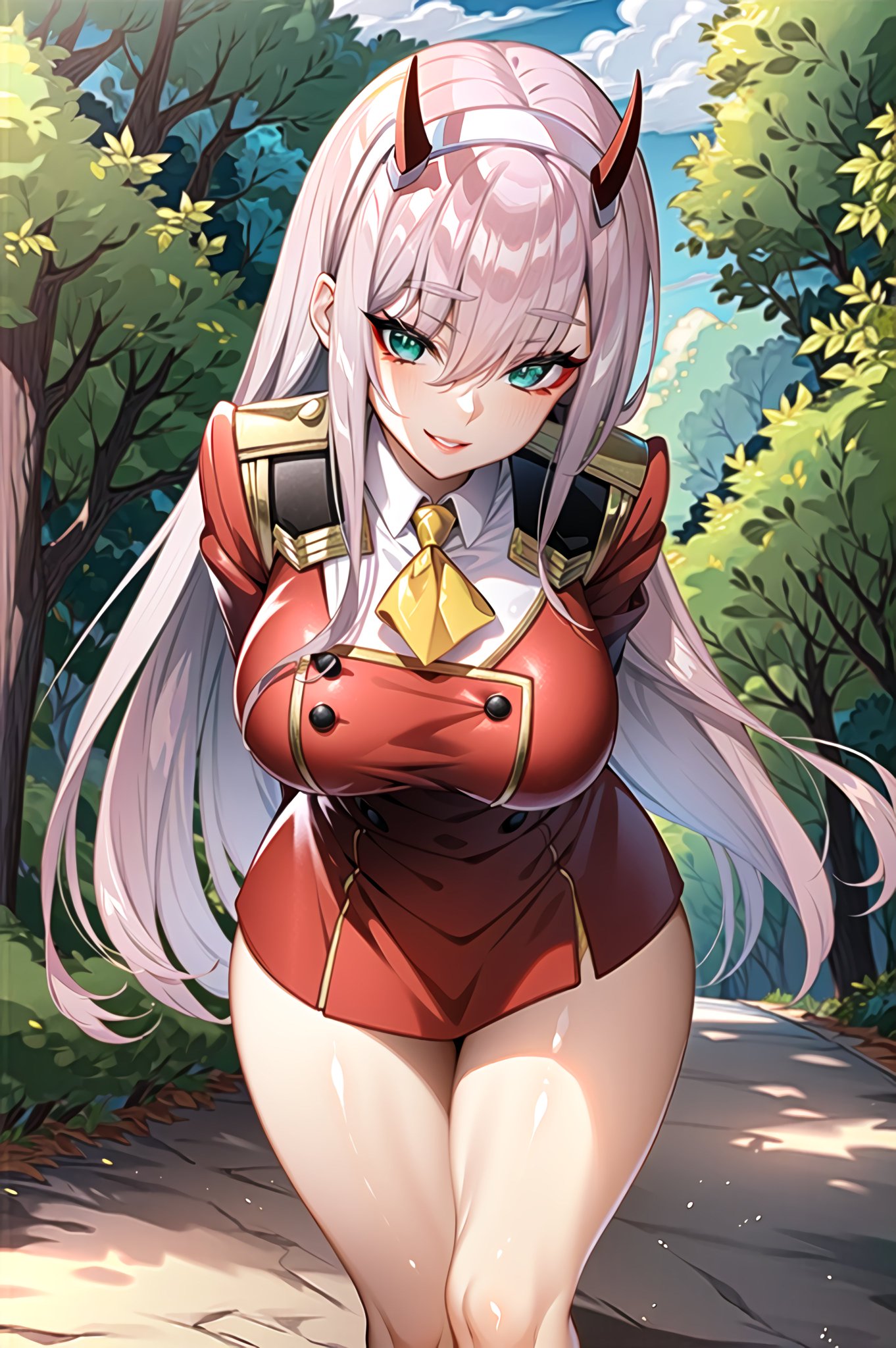 1girls, ai generated, breasts, darling in the franxx, female, female focus, female only, hi res, horns, huge breasts, long hair, pink hair, seductive look, stable diffusion, voluptuous, zero two (darling in the franxx)