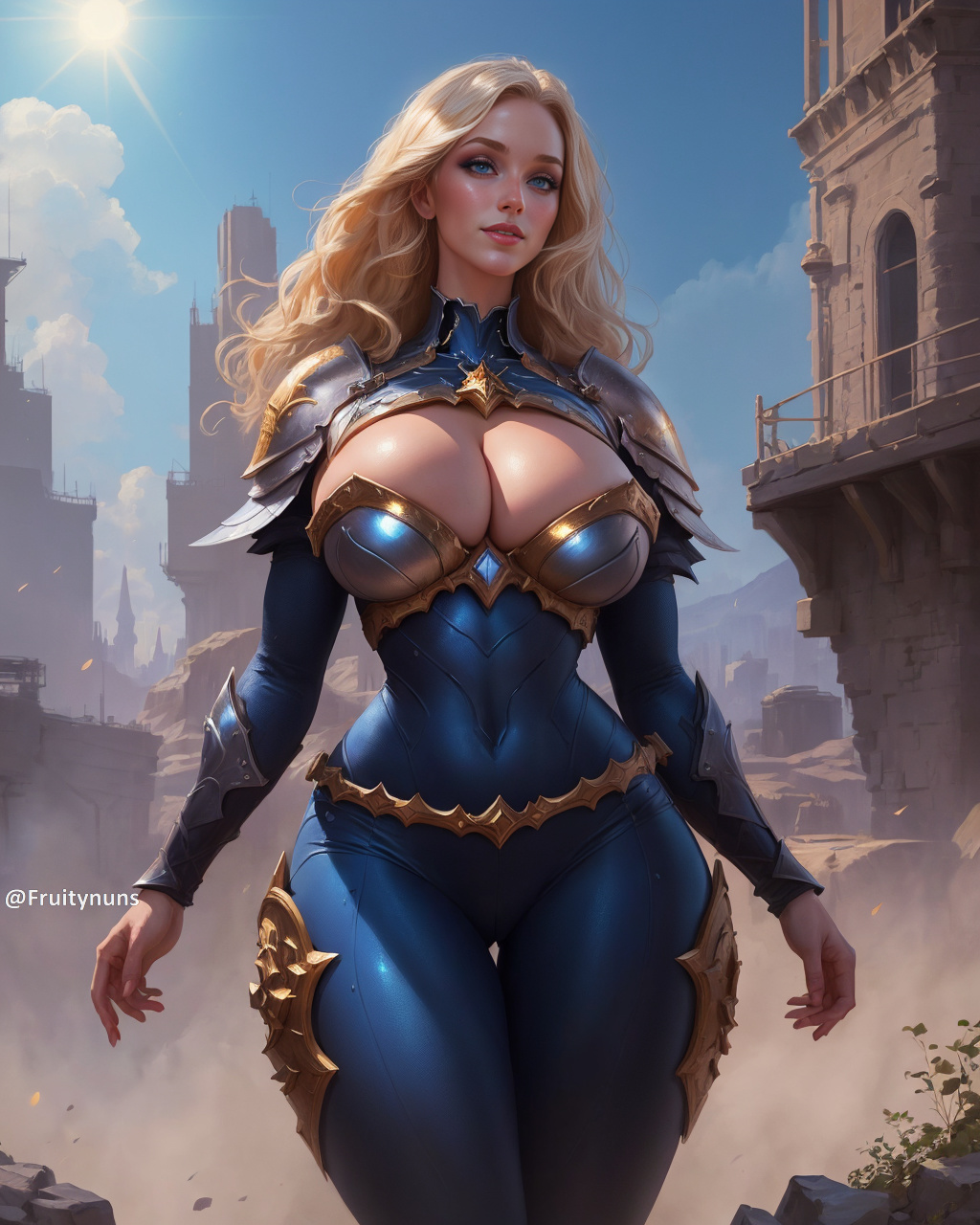 1girls, ai generated, blonde hair, blue eyes, breasts, female, female focus, fruitynuns, highres, huge breasts, league of legends, long hair, luxanna crownguard, riot games, solo, solo focus, stable diffusion