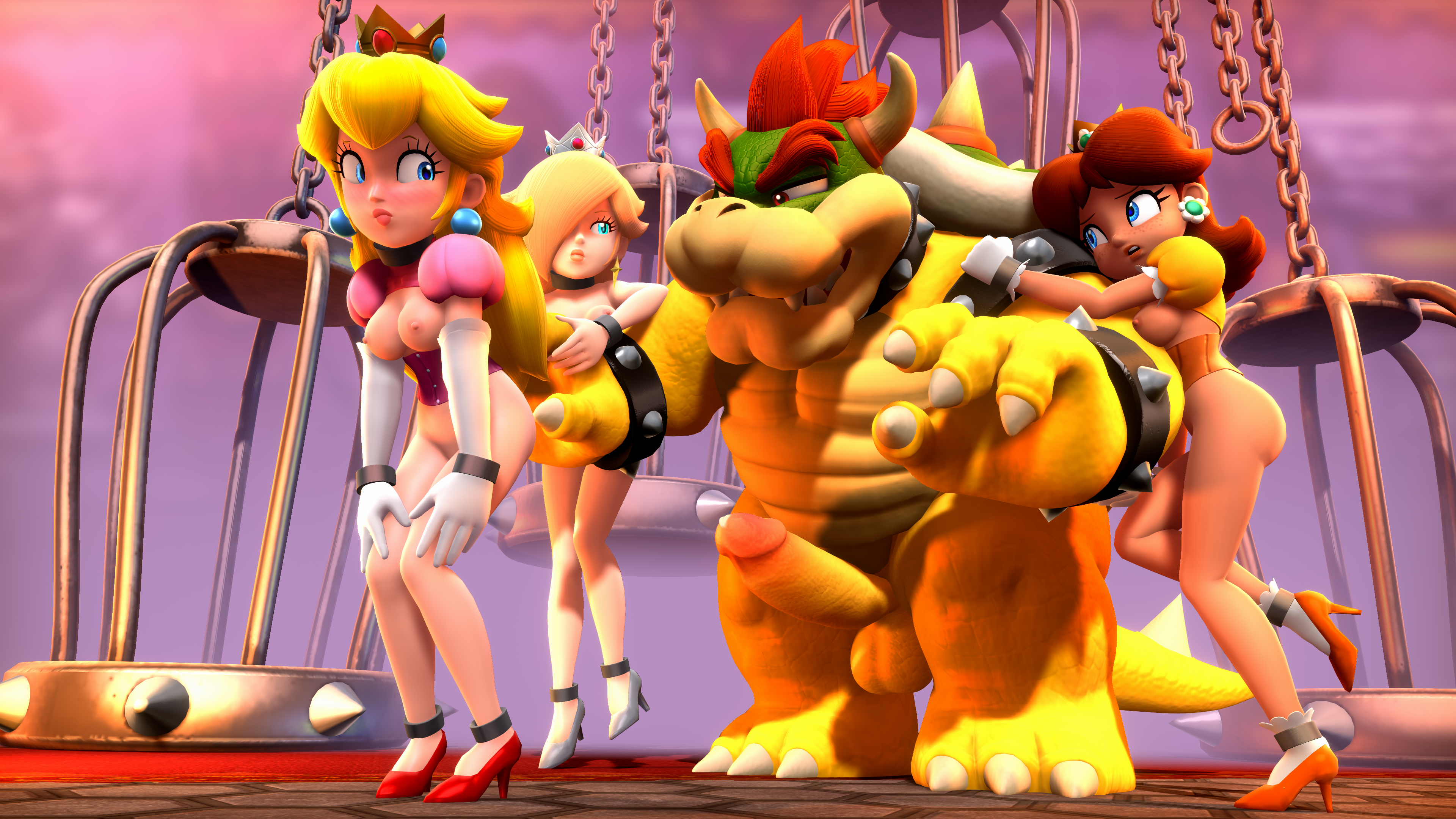 1boy, 3d, 3girls, accurate art style, alternate version at source, alternate version available, bowser, breasts, erection, female, gloves, harem, high heels, male, mario (series), multiple females, multiple girls, netorare, nipples, onmodel3d, penis, princess daisy, princess peach, princess rosalina, protagonistsub antagonistdom, sex slave, slave outfit, standing, tagme