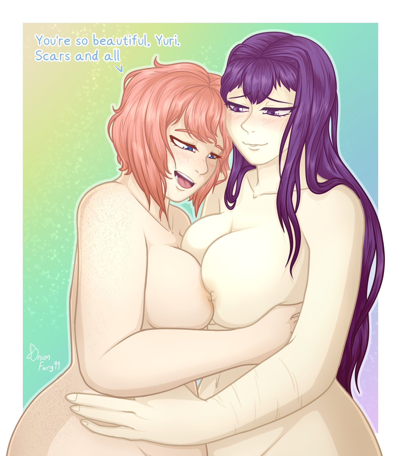 2girls artist_name bare_shoulders blue_eyes blue_text blush blushing breasts collarbone doki_doki_literature_club english_text female female_only freckles freckles_on_shoulders hair_intakes lesbian long_hair mouth_open multiple_girls naked naked_female navel no_bra no_clothes no_clothing no_panties nude nude_female nudity onionfairy99 onionfairylewds open_mouth pressing_breast_on_partner pride_month_2023 purple_eyes purple_hair sayori_(doki_doki_literature_club) scar scars scars_on_arm strawberry_blonde_hair text tongue_out wholesome yuri yuri_(doki_doki_literature_club)