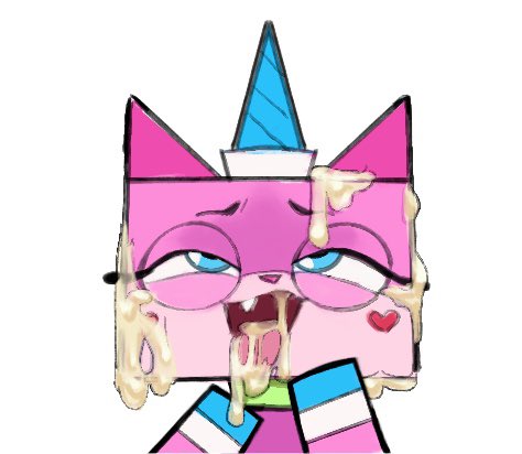1girls, blue horn, cum, cum in face, female, furry, heart, horn, pink body, pink fur, smile, smiling, unikitty, unikitty!, unknown artist, white background