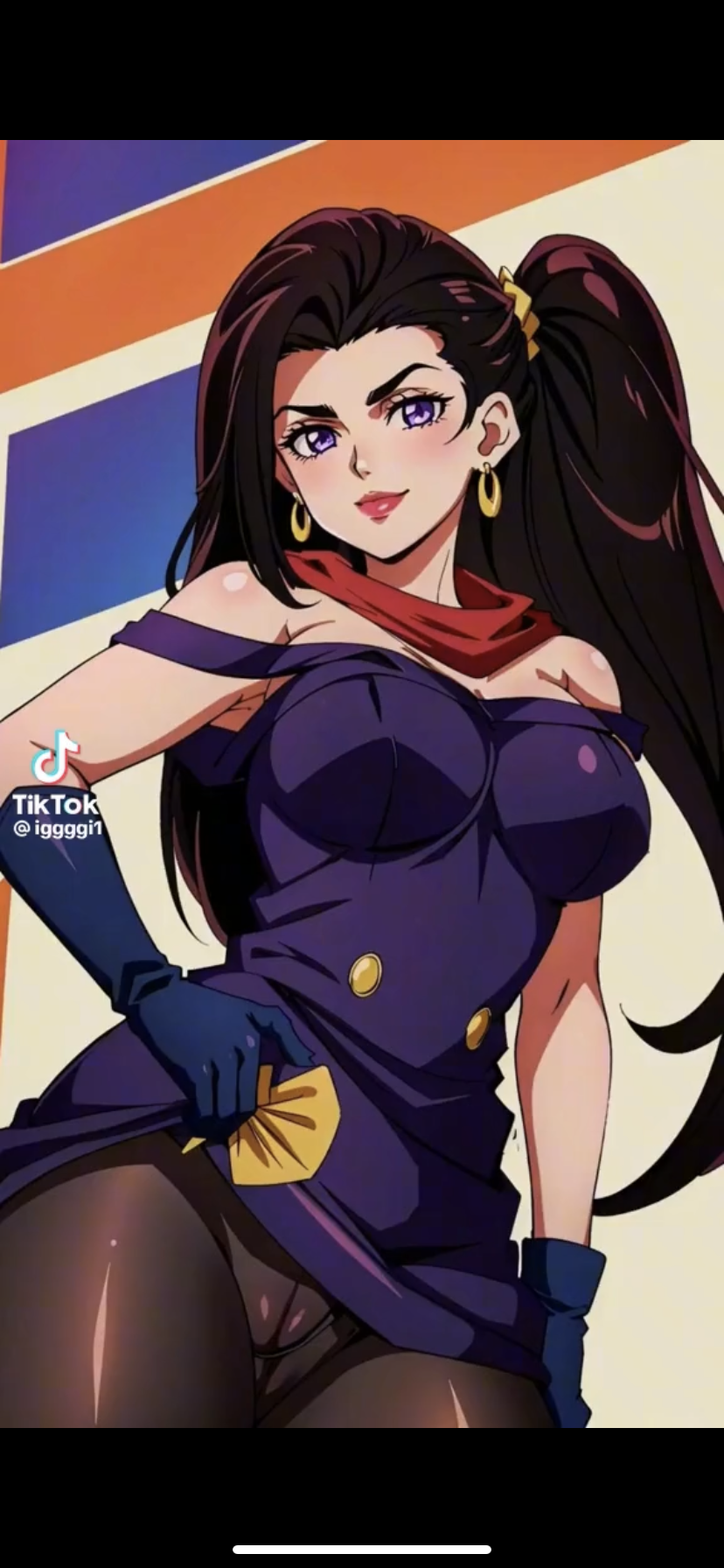 1girls ai_generated battle_tendency big_breasts brown_hair clothing earrings elizabeth_joestar female jojo's_bizarre_adventure lisa_lisa long_hair milf ponytail purple_eyes solo tiktok_username visible_pussy