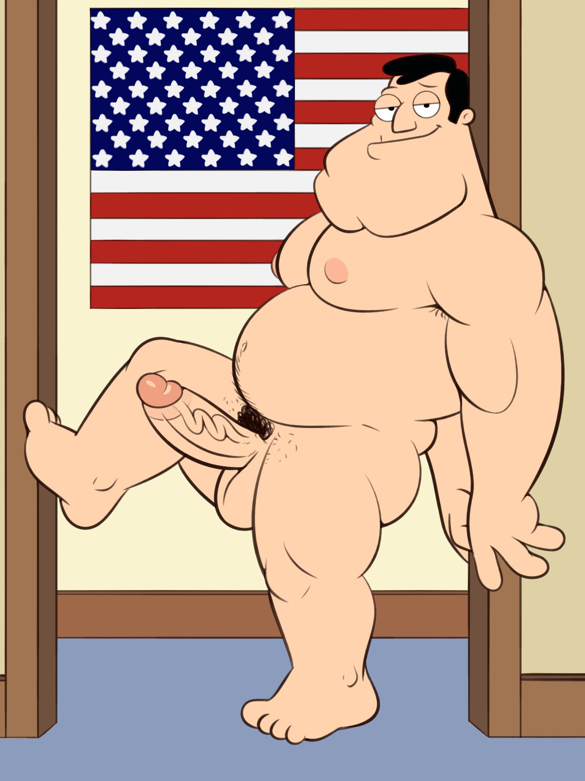 aizenhower american_dad american_flag armpit_hair balls bara beefy big_chin black_hair daddy dilf erection gay hair heavy_balls human leg_hair light-skinned_male light_skin male male_only manly musclegut muscular muscular_human muscular_male navel nipples nude pecs penis pubes solo stan_smith