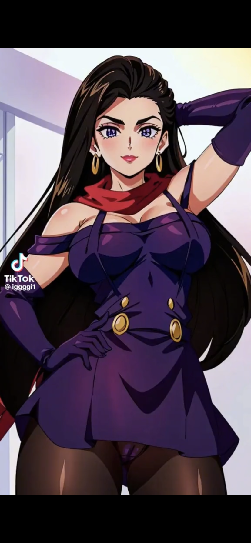 1girls ai_generated battle_tendency big_breasts brown_hair clothing earrings elizabeth_joestar female jojo's_bizarre_adventure lisa_lisa long_hair milf purple_eyes solo tiktok_username visible_pussy