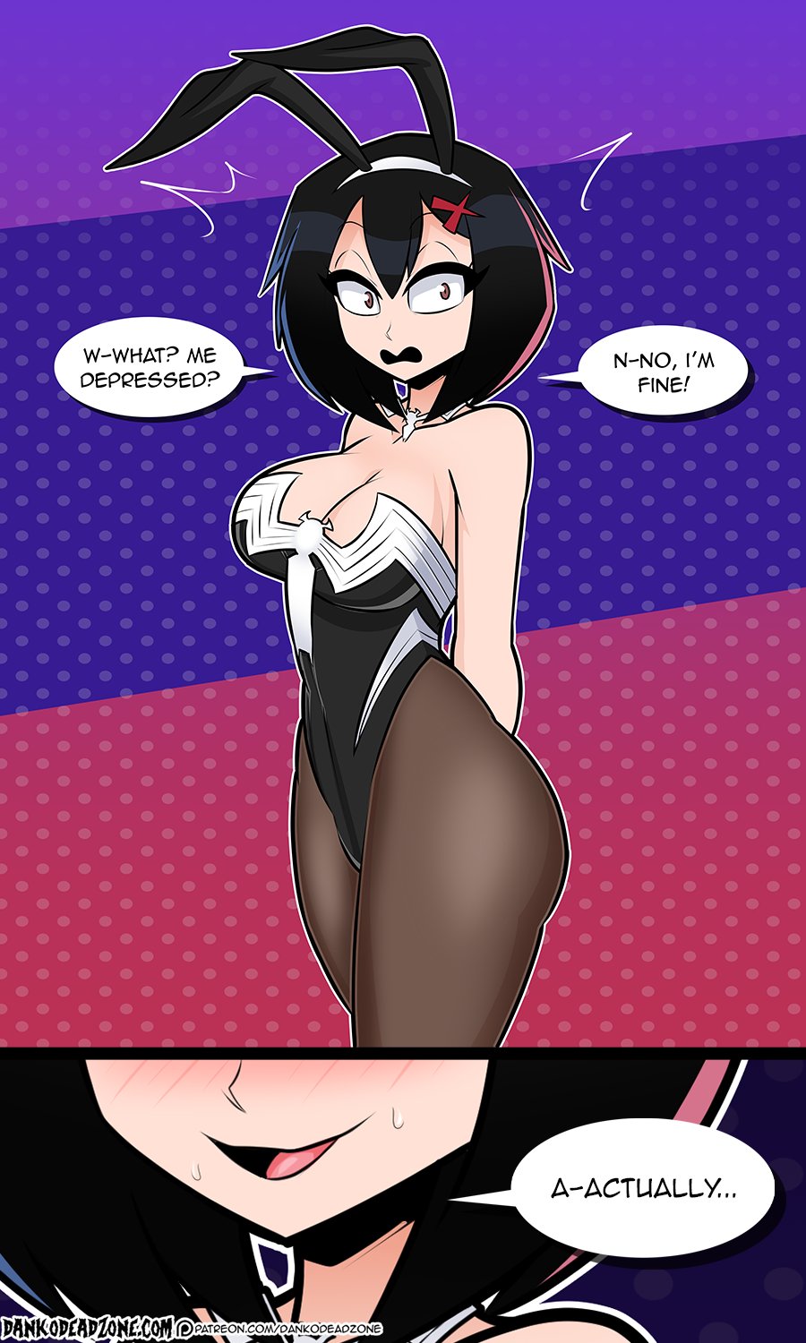 1girls aged_up bunnysuit comic dankodeadzone female marvel peni_parker solo spider-man_(series) symbiote tagme text venom_(marvel)