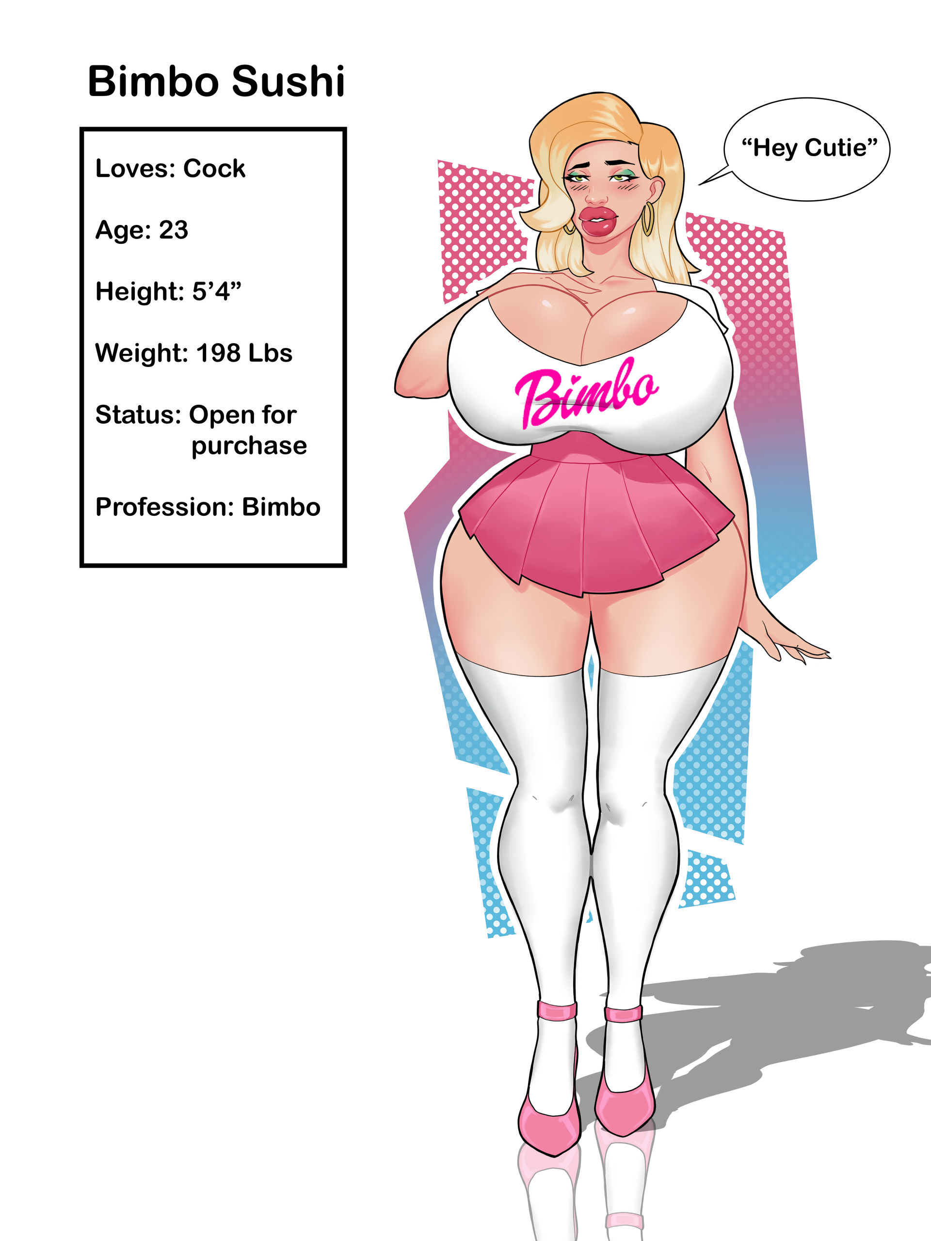 bimbo, bimbo lips, bimbofication, blonde hair, breasts, breasts bigger than head, english text, female, high heels, hoop earrings, hourglass figure, huge breasts, implied transformation, kneesocks, makeup, original character, puffy lips, puffygirl1, skirt, sushi (puffygirl1), text, transformation, wide hips