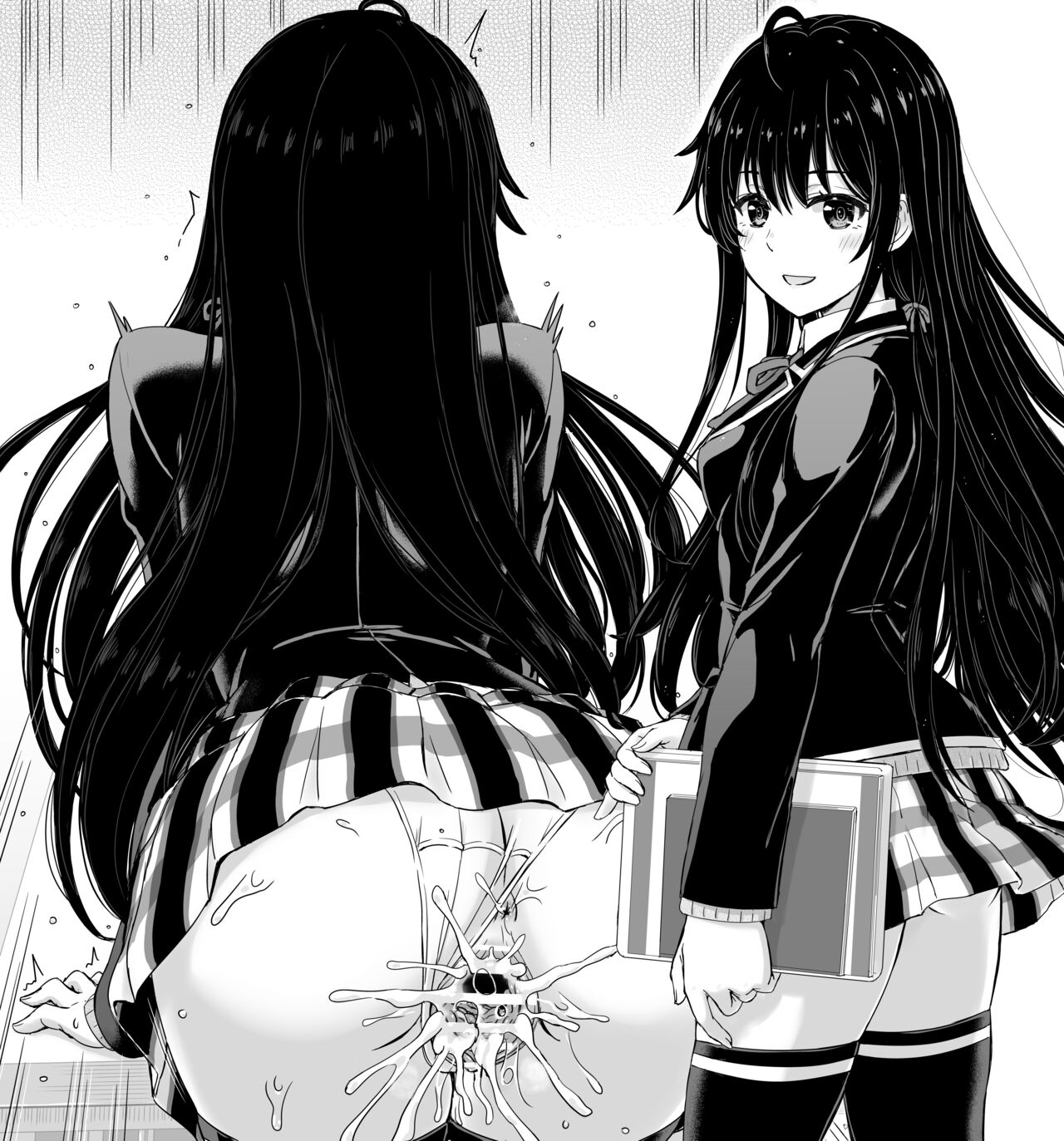1boy, ass, big ass, black hair, black socks, breasts, censored, cum, cum in pussy, cum inside, doggy style, female, inanaki shiki, long hair, male, medium breasts, my teen romantic comedy snafu, panties, panties aside, pussy, ring, school uniform, schoolgirl, sex, sex from behind, skirt, skirt lift, socks, thick thighs, thigh socks, thighhighs, vaginal penetration, vaginal sex, yukinoshita yukino