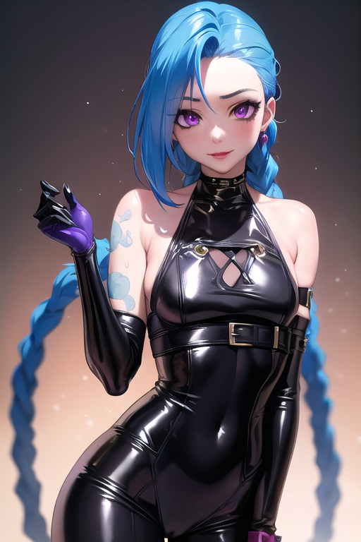 1girls ai_generated blue_hair earrings eye_contact female female_only jinx_(league_of_legends) latex latex_gloves latex_suit league_of_legends long_hair ltxdiffusion medium_breasts purple_eyes riot_games solo solo_female stable_diffusion tight_clothing