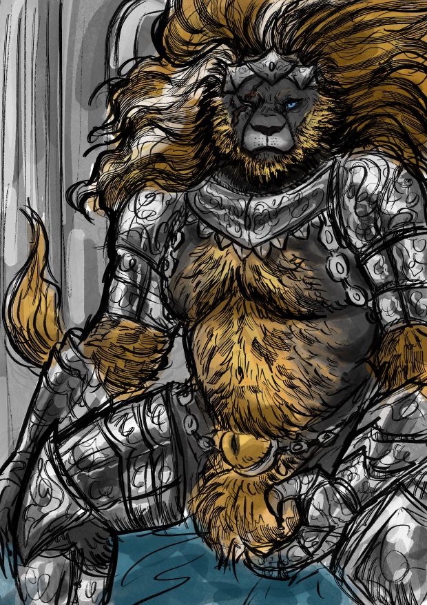 2023 accessory animal_genitalia anthro armor balls baothghalach beast_regent_serosh biped blonde_hair blue_eyes body_hair chest_hair clothing cock_ring digital_media_(artwork) elden_ring eye_scar facial_scar felid fluffy_balls fromsoftware fully_sheathed fur gauntlets genitals gloves gorget grey_body grey_fur hair handwear jewelry lion male mammal mane pantherine pauldron penis penis_accessory penis_jewelry scar sheath solo unconvincing_armor