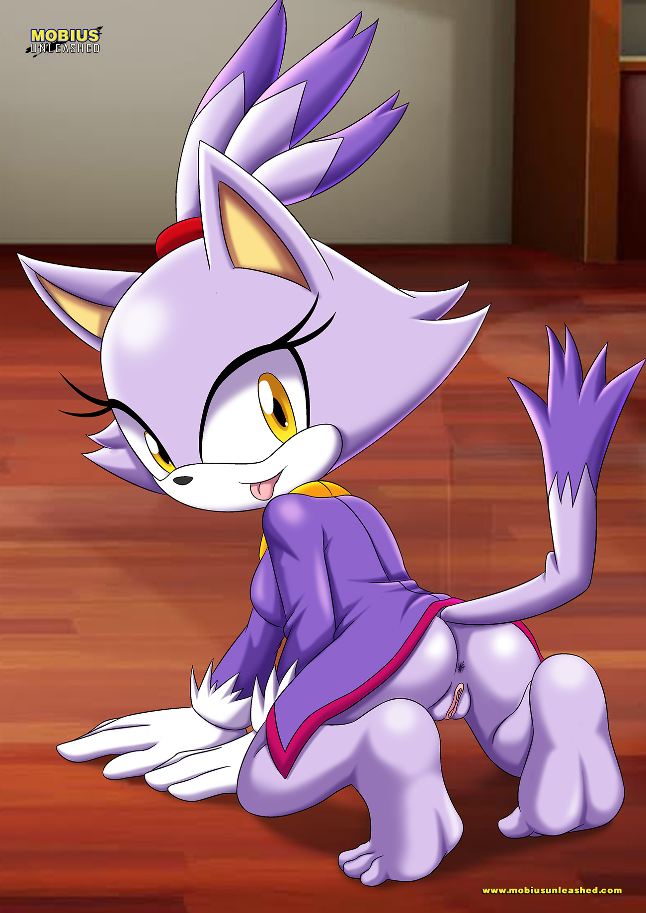 amber eyes, anthro, bbmbbf, blaze the cat, breasts, domestic cat, felid, feline, felis, female, female only, genitals, gloves, mammal, mobius unleashed, palcomix, partially clothed, purple fur, pussy, sega, sideboob, solo, solo female, sonic (series), sonic the hedgehog (series), tongue, tongue out, wooden floor