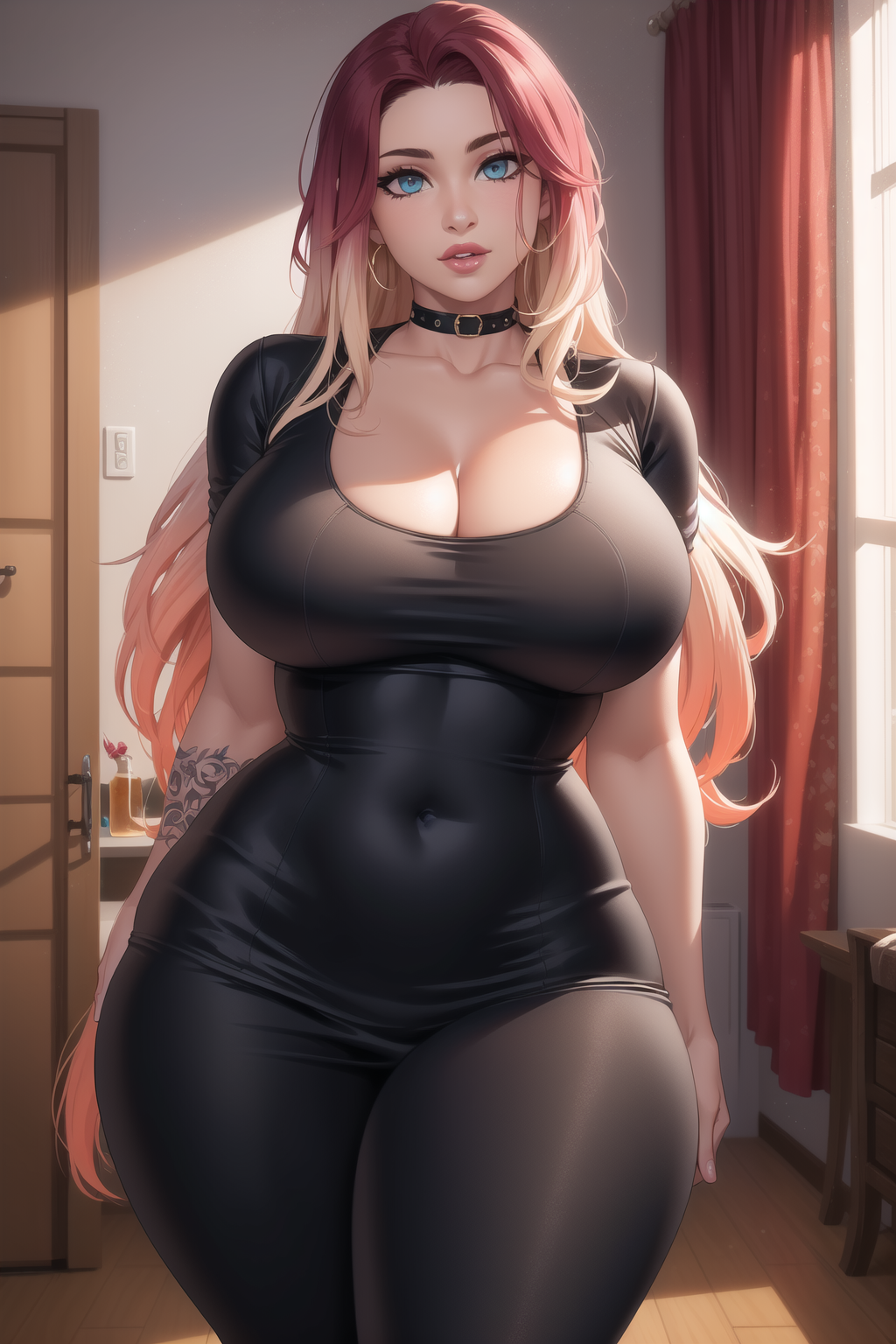 1girls, ai generated, big breasts, blonde hair, blue eyes, bodycon, breasts, child bearing hips, choker, cleavage, curvaceous, curvy, curvy body, curvy figure, female, female only, hoop earrings, long hair, mature female, milf, navel, ombre hair, pink hair, skin tight, skintight, solo female, stable diffusion, tattoo, thick, thick lips, thick thighs, tight clothing, voluptuous, wgenjoyr4539, wide hips