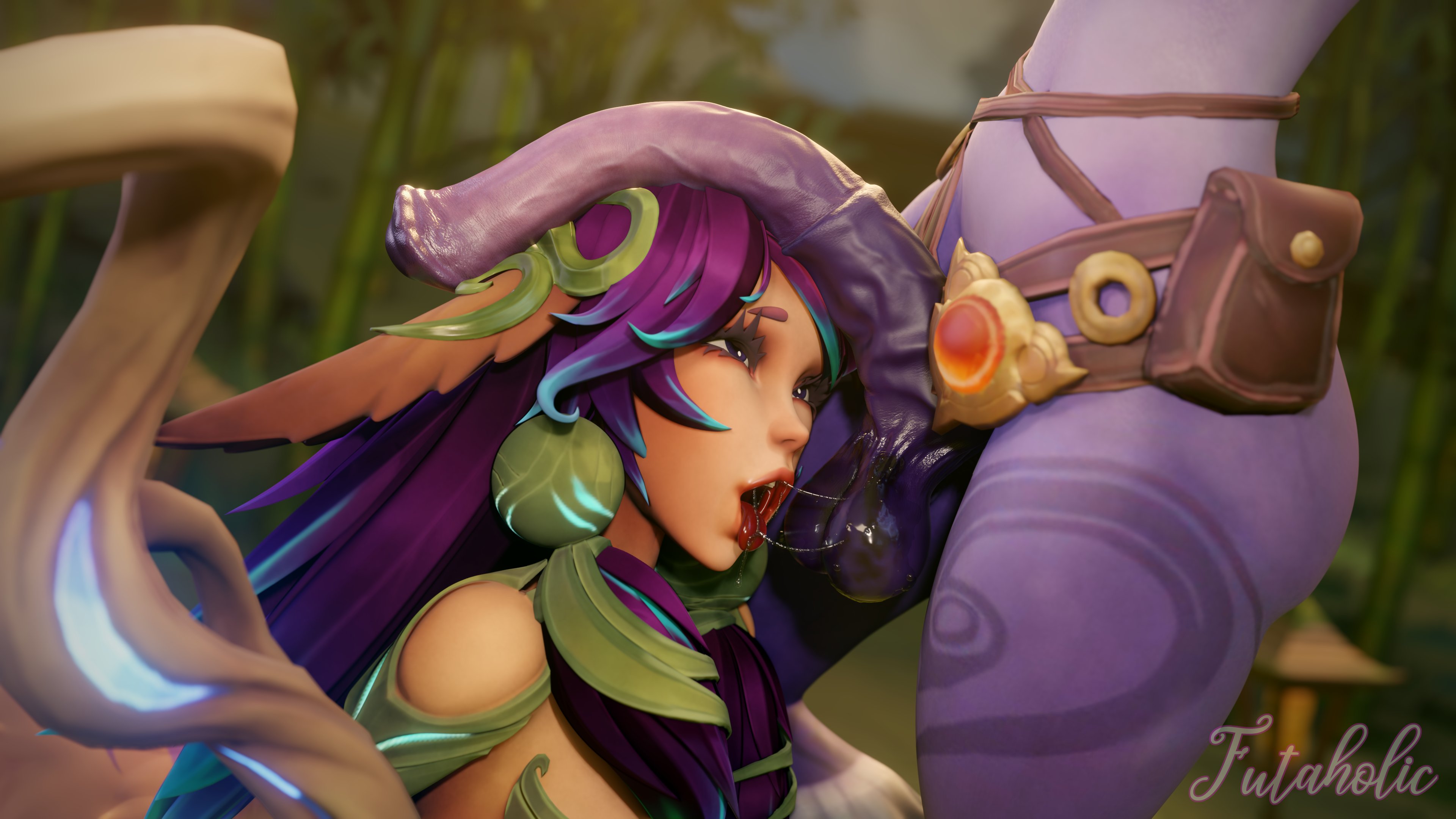 1futa, 1girls, 3d, animal genitalia, animal genitalia on humanoid, athletic, athletic female, athletic futa, big penis, blender, erection, fellatio, female, futa on female, futaholic, futanari, horsecock, horsecock on humanoid, intersex, league of legends, lillia (league of legends), penis, soraka