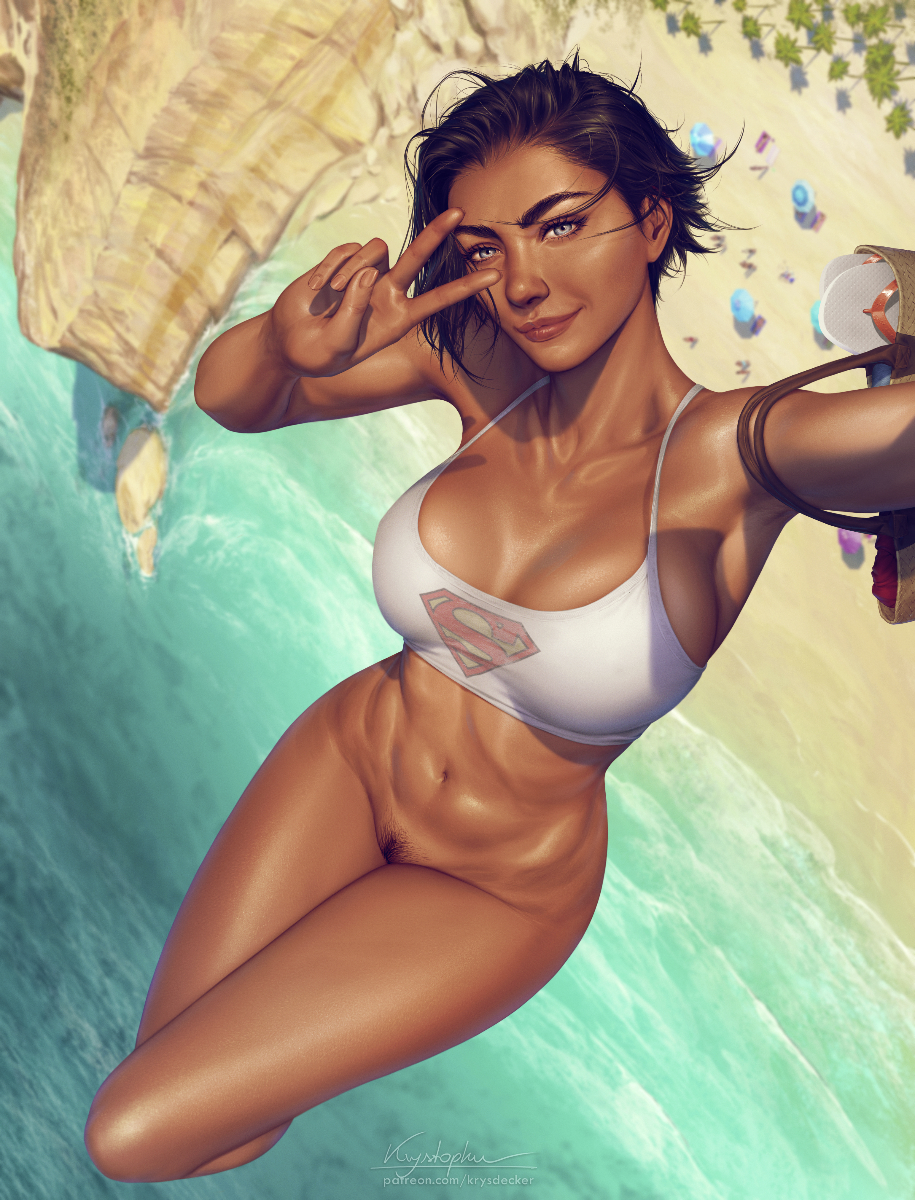 1girls, abs, armpits, beach, big breasts, black hair, blue eyes, bottomless, bottomless female, breasts, brown hair, camera, crop top, dc, dc comics, dc extended universe, exhibitionism, female, female only, flying, hair, hairy pussy, happy, holding object, holding phone, kara zor-el, krysdecker, looking at viewer, no panties, no pants, nude, nude female, nudity, outdoor nudity, outside, partially clothed, phone, pubic hair, public, public nudity, pussy, sasha calle, selfie, shadow, shaved armpit, shirt, short hair, sleeveless, smile, solo, summer, supergirl, supergirl (sasha calle), supergirl (series), superman (series), taking picture, tan body, tanned, tanned female, tanned skin, the flash (2023), water, wide hips