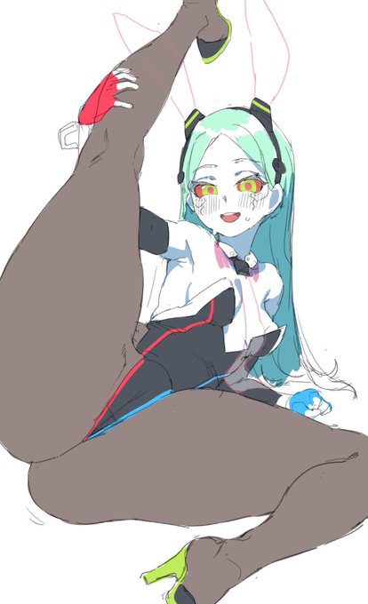 1girls, 2023, armwear, ass, big ass, blue hair, blush, blushing, blushing at viewer, body markings, bottom heavy, box20502017, breasts, bunny ears, bunny girl, bunnysuit, calves, clothed, clothed female, clothes, clothing, cyberpunk 2077, cyberpunk: edgerunners, cyborg, elbow gloves, feet, female, fingerless gloves, footwear, front view, full body, fully clothed, gloves, green eyes, green hair, grey body, grey skin, hair, handwear, high heels, holding leg, humanoid, large ass, leg lift, leg up, legs apart, legwear, leotard, long hair, looking at viewer, medium breasts, open mouth, pose, posing, presenting, presenting hindquarters, rebecca (edgerunners), red sclera, shoes, simple background, sitting, small nose, smile, smiling, smiling at viewer, solo, spread legs, stockings, straight hair, thick thighs, thighs, thin eyebrows, very small nose, white background, wide hips