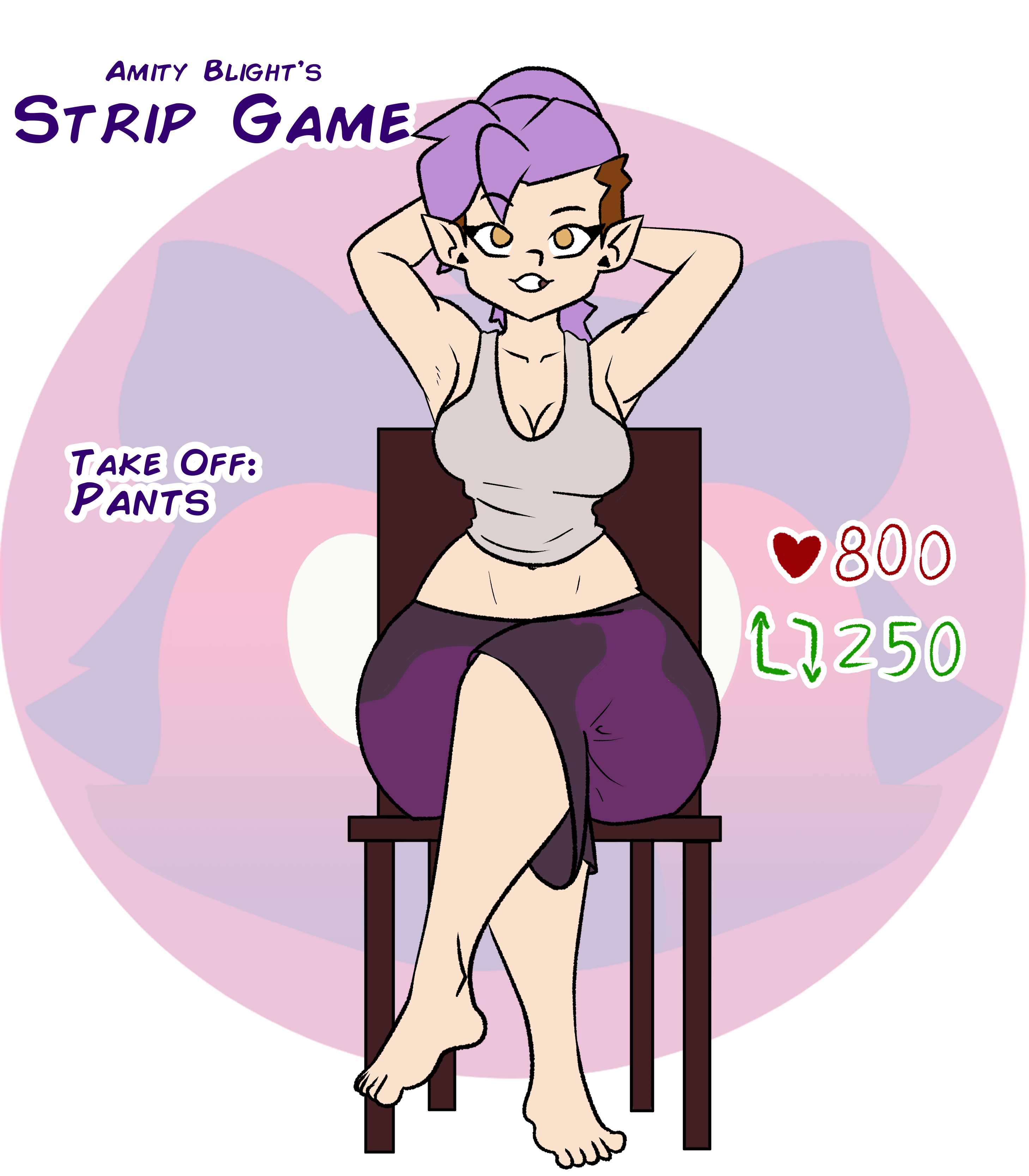 1girls, amity blight, armpits, arms above head, arms up, ass, big ass, big breasts, big butt, breasts, disney, dyed hair, evil raccoon, feet, female, female only, gold eyes, legs, pear shaped, pear-shaped figure, pointy ears, ponytail, purple hair, sitting, smile, solo, strip game, the owl house, the owl house (finale), thick ass, thick thighs, toes, topwear, twitter, white body, white skin, witch, yuri