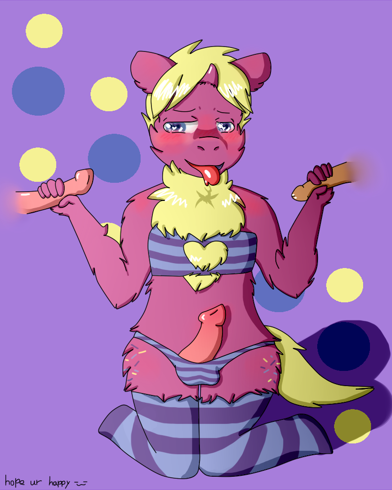 3boys anthro blonde_hair clothed clothing crossdressing dessert doughnut femboy fluffy_pony food fur gay girly group hair horn legwear male male/male polka_dots purple_body purple_fur simple_background stockings trio unknown_artist