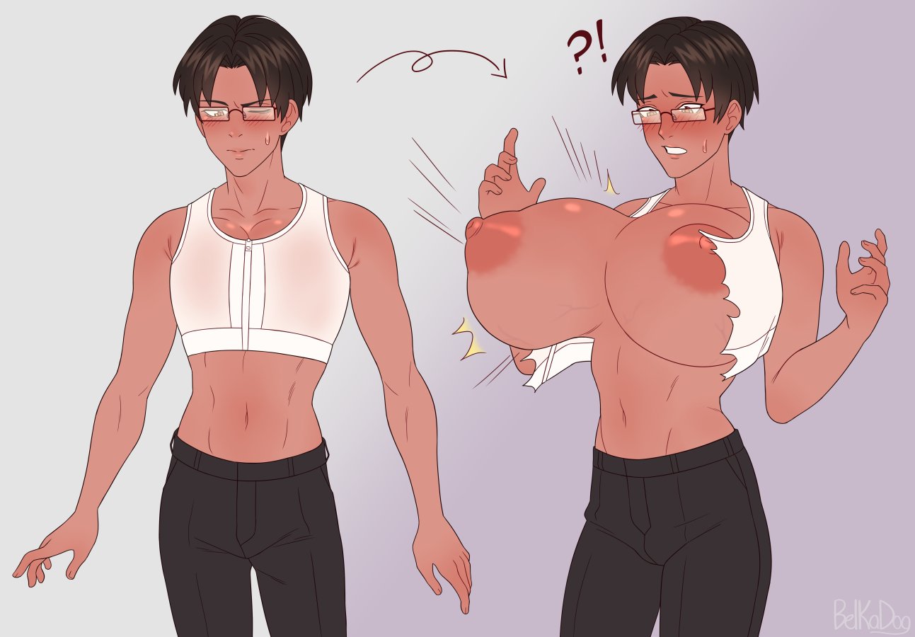 1boy belka_dog big_breasts binder blush blushing_male breast_growth breasts breasts_bursting_out brown_hair busty_boy cleavage cuccoking glasses hammerspace hidden_buxom male male_only male_with_breasts original sebastian_(belka_dog) solo solo_male surprised tank_top teacher