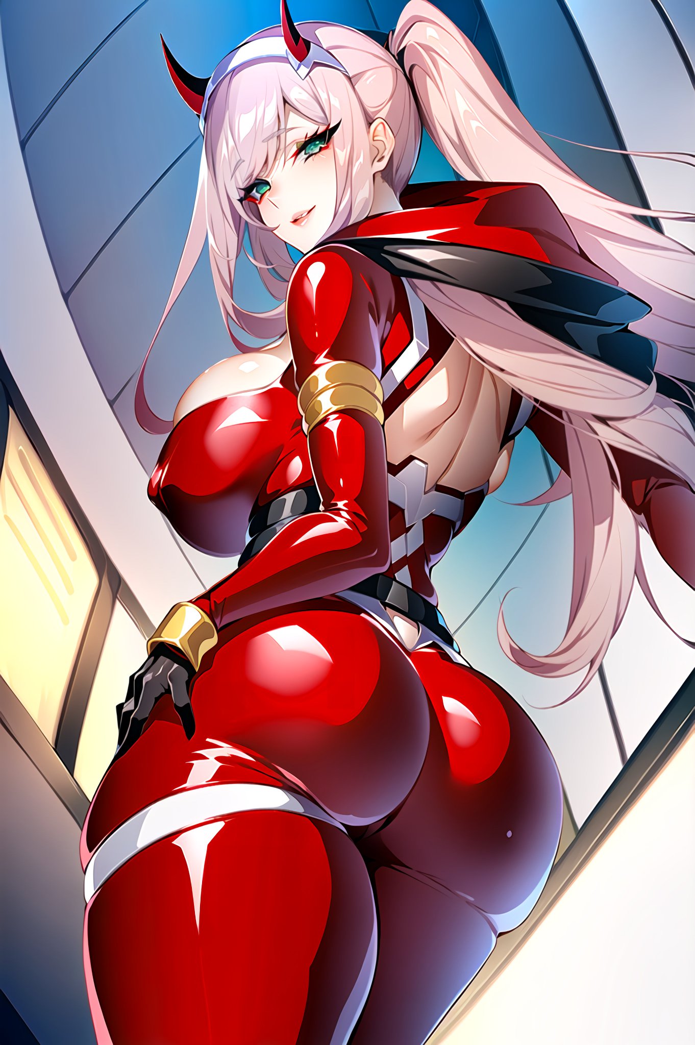 1girls, ai generated, ass, breasts, bubble ass, bubble butt, curvaceous, curvy body, curvy female, curvy figure, darling in the franxx, female, female focus, hi res, horns, huge breasts, latex suit, long hair, pink hair, seductive look, skin tight, solo female, solo focus, stable diffusion, voluptuous, voluptuous female, zero two (darling in the franxx)