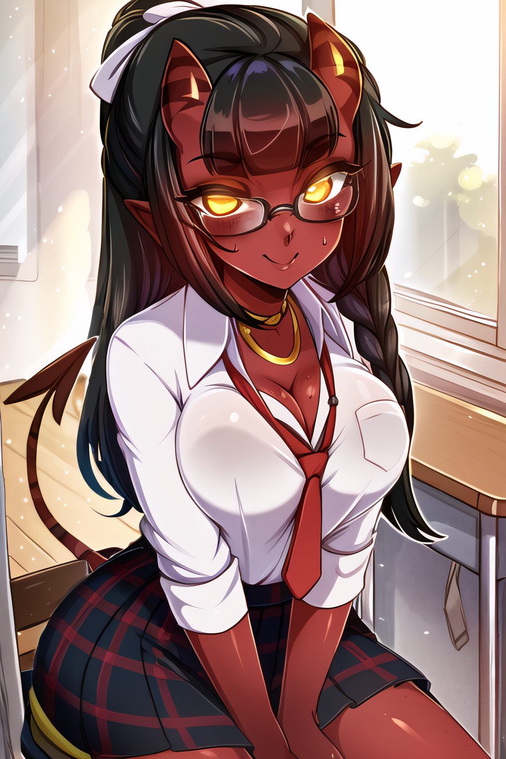 ai_generated averageee big_breasts blush breast_expansion brown_hair classroom cleavage demon_tail desk glasses horns meru_(merunyaa) necktie onidere red_skin school school_uniform schoolgirl_uniform sitting smile stable_diffusion succubus sweat yellow_eyes