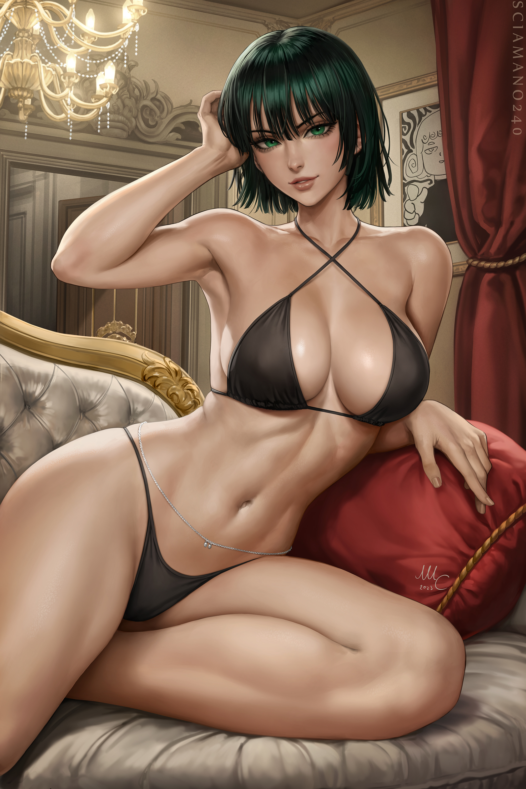 1girls, absurd res, absurdres, athletic, athletic female, bangs, bare arms, bare shoulders, bare skin, bare thighs, big breasts, bikini, bikini bottom, bikini top, black bikini, black bikini bottom, black bikini top, black bra, black clothes, black clothing, black panties, black underwear, bra, breasts, busty, cleavage, couch, female, female focus, female only, fit, fit female, fubuki (one-punch man), green eyes, green hair, large breasts, light skin, light-skinned female, looking at viewer, navel, one-punch man, panties, parted lips, sciamano240, short hair, smile, sofa, solo, solo female, solo focus, stomach, thick thighs, thighs, toned, toned body, toned female, toned stomach, underwear