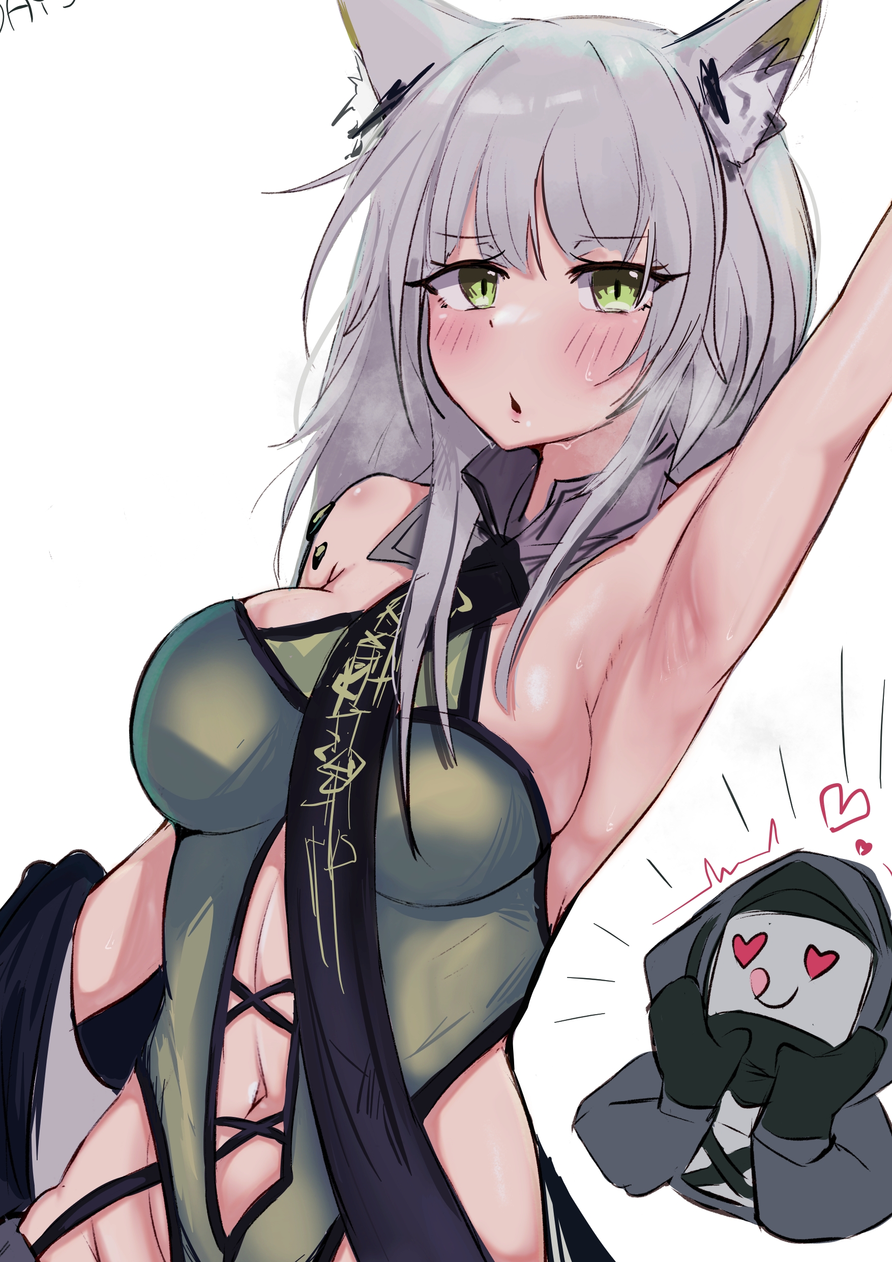 1boy, 1girls, 2023, animal ear fluff, animal ears, arknights, armpits, arms up, belly button, blush, cat ears, cat girl, catgirl, doctor (arknights), female, green eyes, green hair, grey hair, hi res, kal'tsit (arknights), long hair, looking at viewer, male, meepy741 (artist), multicolored hair, simple background