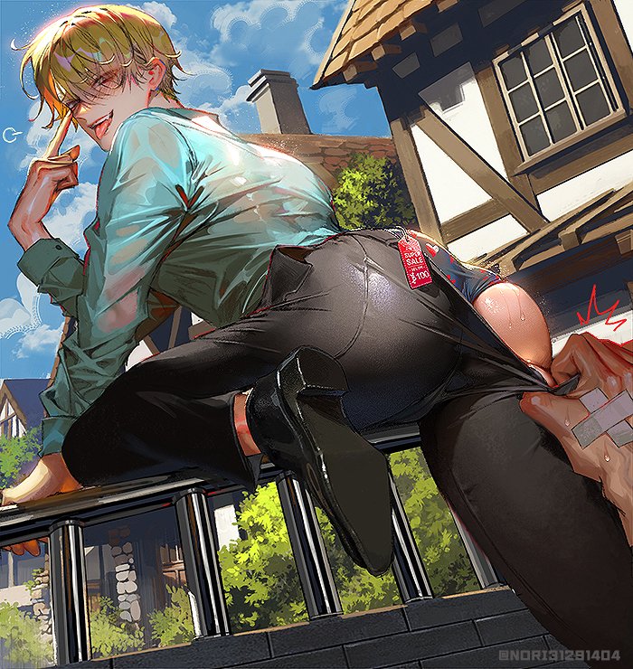 2boys ass ass_focus assisted_exposure big_ass blonde_hair blush bubble_butt detailed_background gay low-angle_view male male_only nori31291404 one_piece outside pants_down pants_pull pre-timeskip roronoa_zoro smile solo_focus sweat tongue_out underwear vinsmoke_sanji yaoi