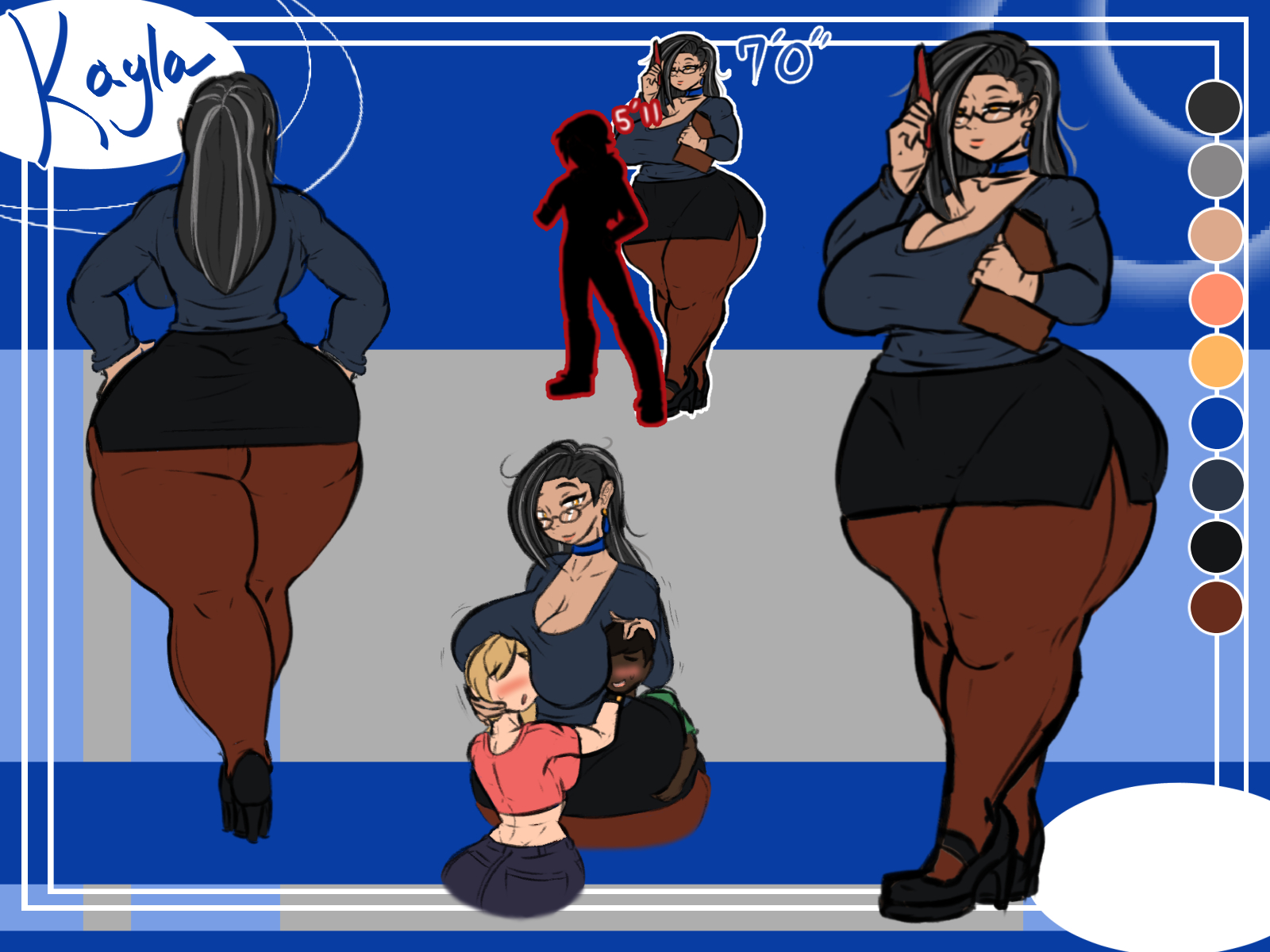 amazon, ass, big ass, big breasts, breasts, breasts on face, character sheet, doctor, female, gokusenpai, kayla (gokusenpai), large ass, large breasts, older female, original, original character, pantyhose, reference sheet, tall, taller female, thick thighs