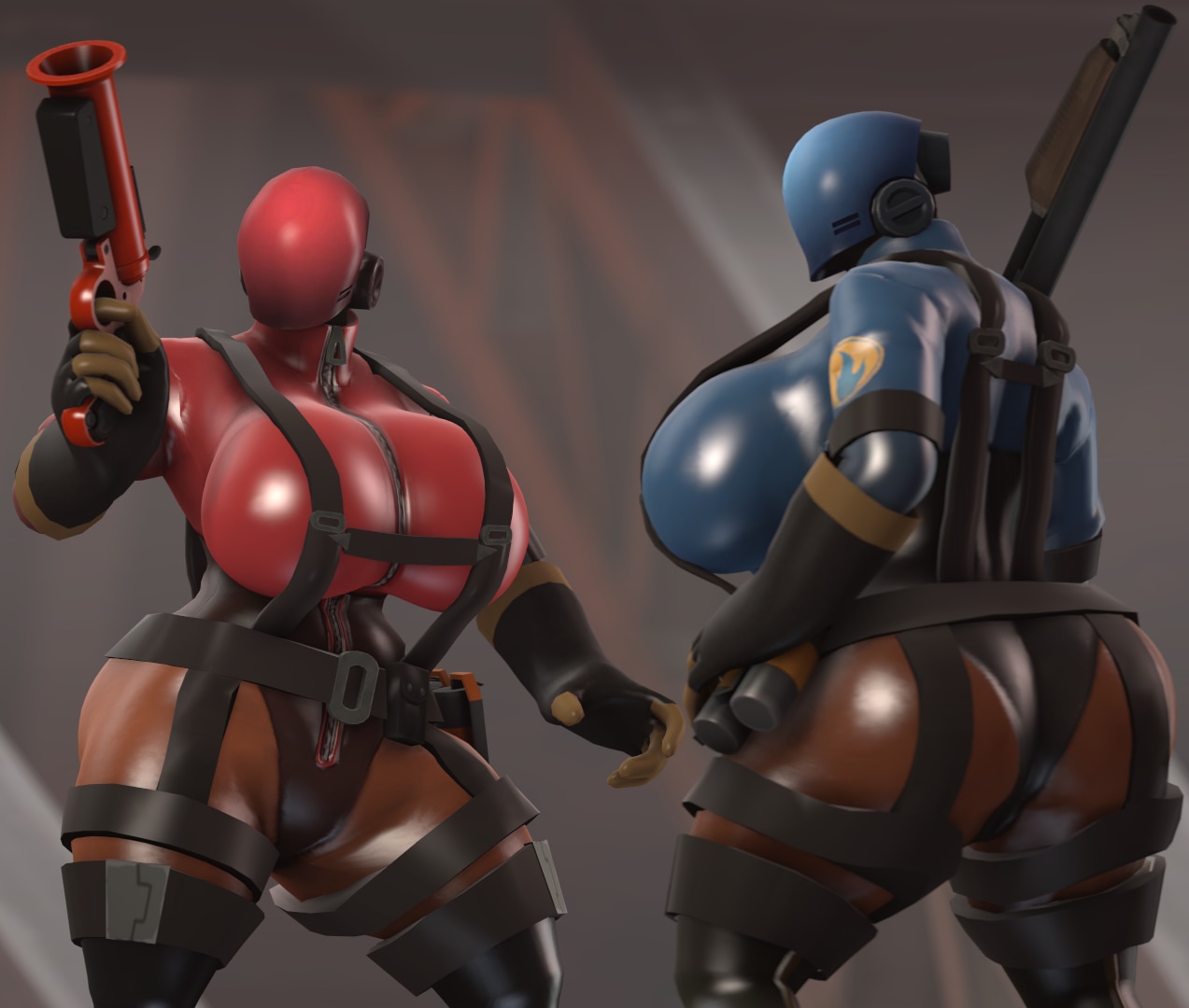 2girls, 3d, ass, big breasts, breasts, female, fempyro, gun, haydee, haydee (game), huge ass, huge breasts, latex suit, mostly clothed, multiple females, multiple girls, pyro, schwacker, team fortress 2, thick ass, thick thighs, thigh boots, valve, weapon