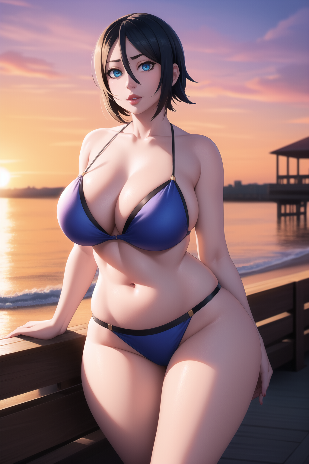 1girls ai_generated beach bikini black_hair bleach boardwalk female_only hair_between_eyes huge_breasts kuchiki_rukia short_hair solo_female stable_diffusion sunset voluptuous wgenjoyr4539