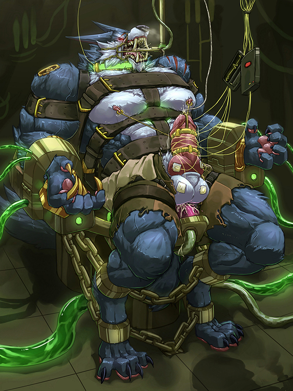 1boy abs anthro balls biceps big_muscles body_fur bondage bound canine clothing dildo erection fluffy_tail foster-tony grey_fur hybrid_penis knotted_humanoid_penis league_of_legends male male_nipples male_only mammal muscles muscular_male pecs penis solo text warwick