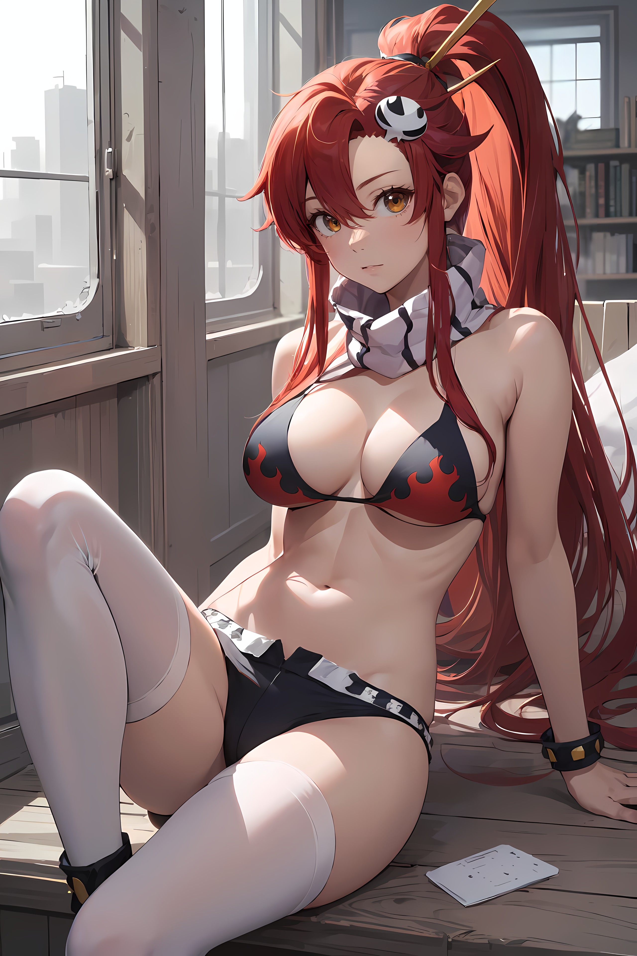 1girls, ai generated, arm support, big breasts, bikini, bikini top, bikini top only, breasts, brown eyes, busty, cleavage, female, female only, large breasts, legs, long hair, looking at viewer, midriff, navel, parted lips, ponytail, red hair, sensual, shorts, sitting, solo, tengen toppa gurren lagann, thighs, yoko littner