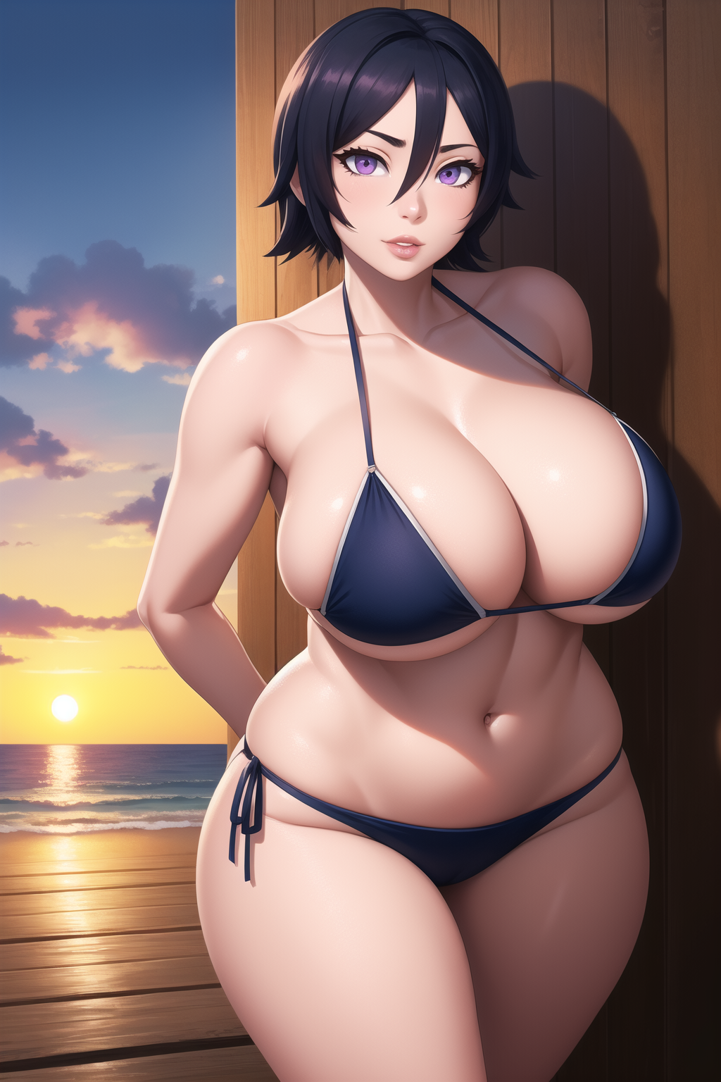 1girls ai_generated beach bikini black_hair bleach boardwalk busty female_only hair_between_eyes huge_breasts kuchiki_rukia short_hair solo_female stable_diffusion sunset thick voluptuous wgenjoyr4539