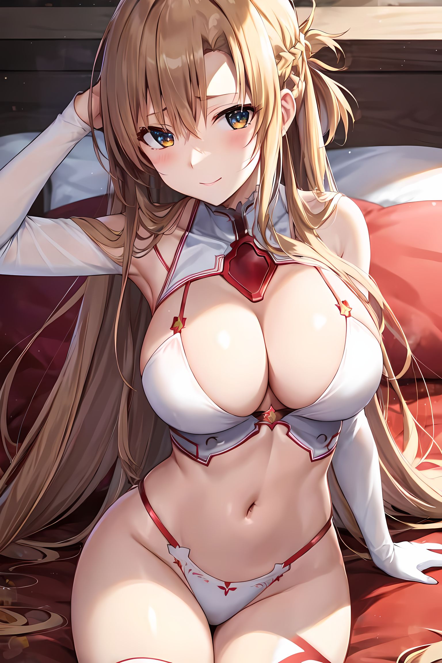 1girls, ai generated, bikini, blush, breasts, cleavage, female, huge breasts, light skin, light-skinned female, long hair, orange hair, outdoors, stable diffusion, sword art online, thick thighs, yuuki asuna