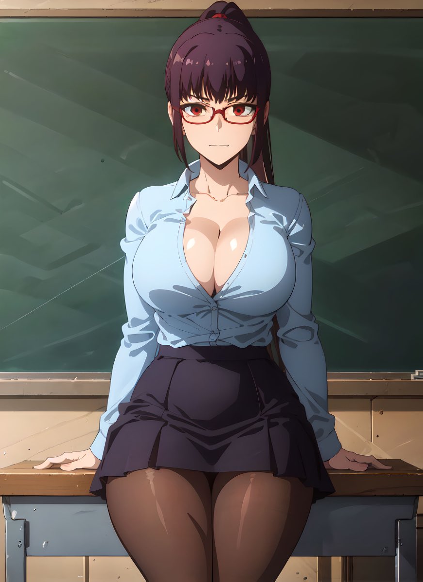 1girls, ai generated, alternate hairstyle, arm support, big breasts, breasts, busty, cleavage, female, female only, glasses, large breasts, legs, long hair, looking at viewer, pantyhose, please don't bully me, nagatoro, ponytail, president (nagatoro), purple hair, red eyes, sana sunomiya, sitting, skirt, solo, subaruarm, teacher, thighs, voluptuous