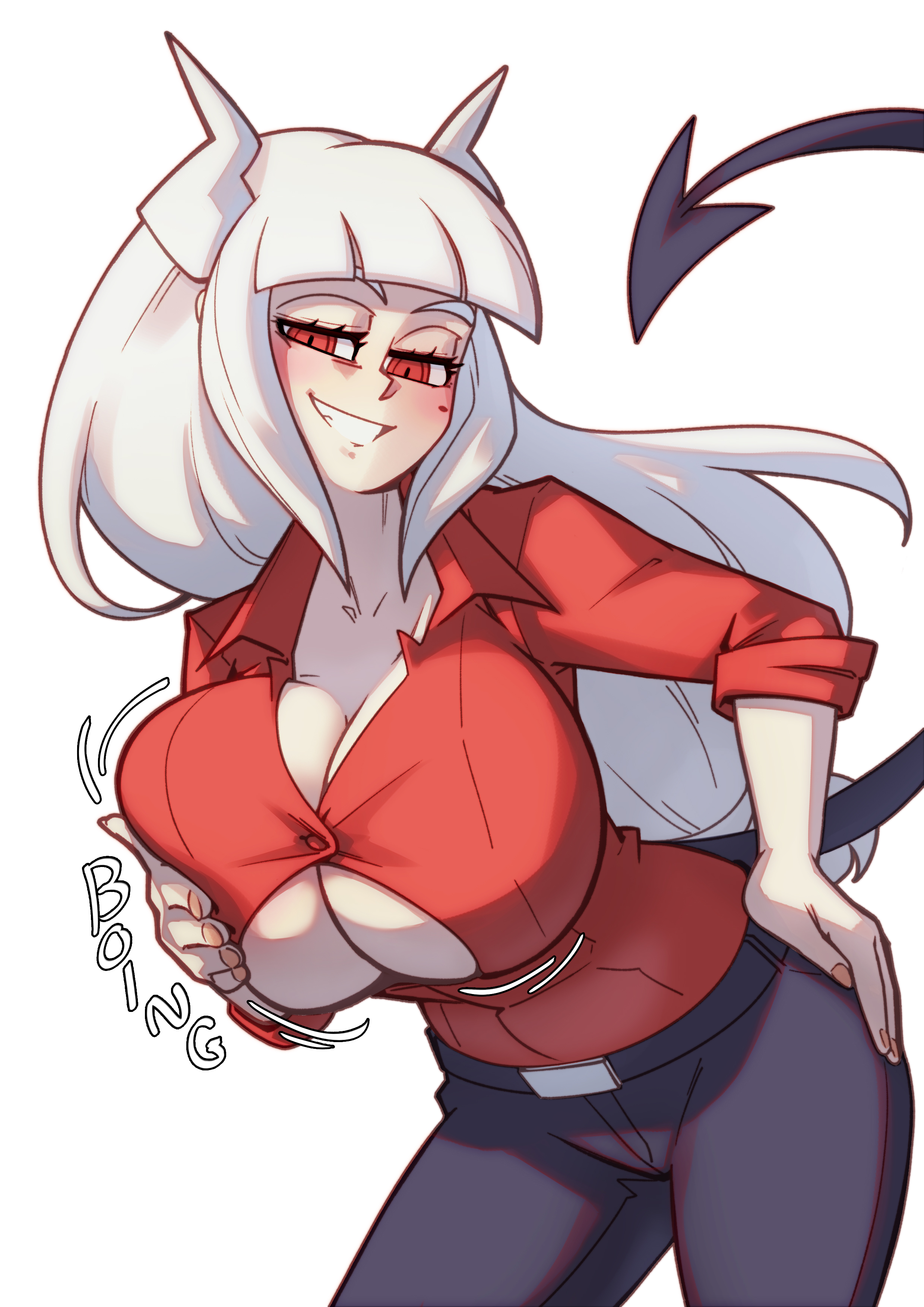 1girls, alternate breast size, ass, beauty mark, big breasts, black pants, boing, boob window, breast squeeze, breasts, bursting breasts, button gap, cleavage, cleavage overflow, clothed, clothes, danaoharah, demon, demon girl, demon horns, demon tail, female, female focus, female only, hand on ass, hand on hip, helltaker, horns, humanoid, long hair, lucifer (helltaker), motion lines, pants, red clothing, red eyes, shaking breasts, smiling, smiling at viewer, smirk, spiked tail, straining buttons, tail, text, tight clothing, white hair, white skin, white-skinned female