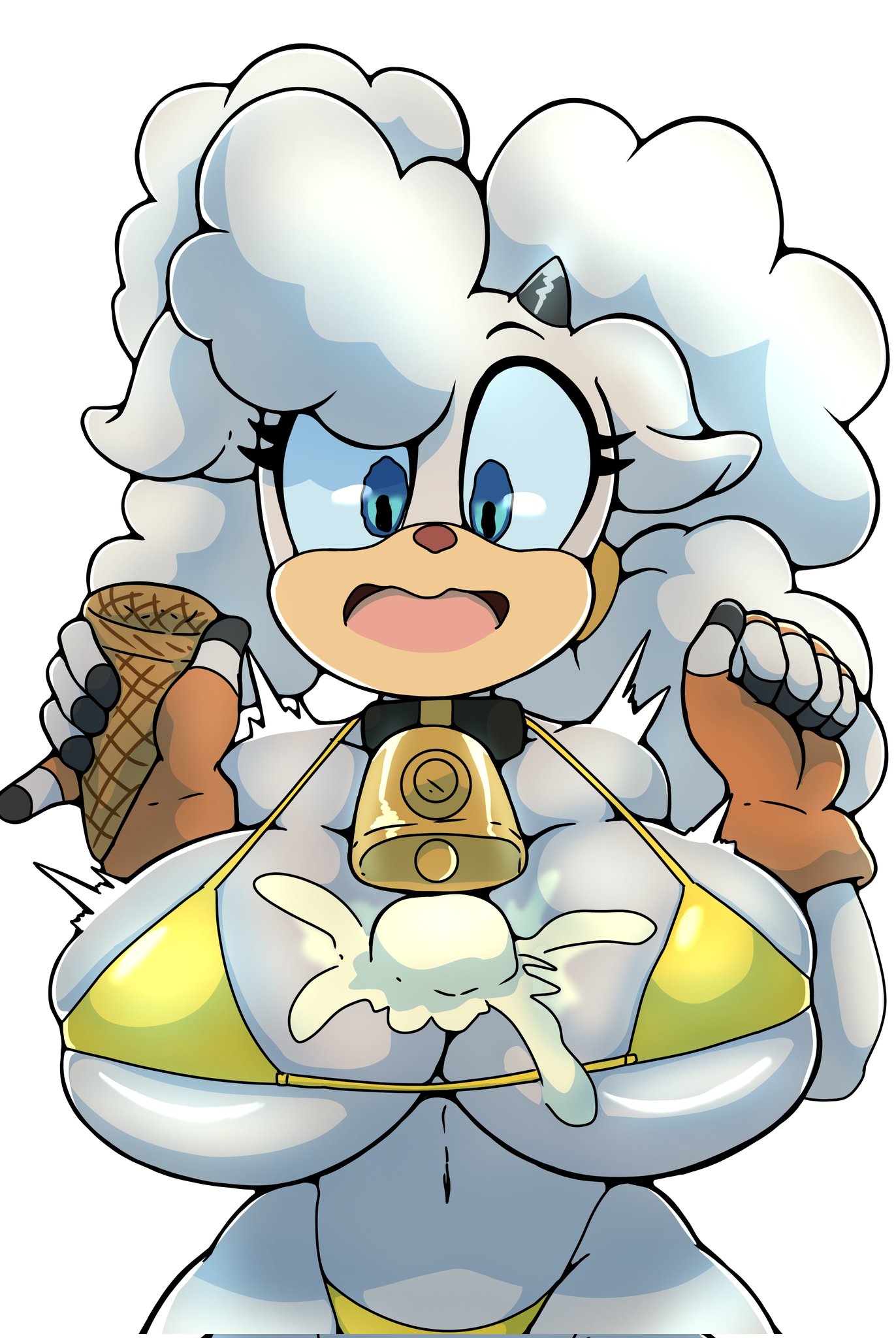 1girls, 2023, 2d, anthro, bell, bell collar, big breasts, bikini, blue eyes, breasts, breasts focus, brown nose, caprine, cleavage, commission, cowbell, curvaceous, curvy, curvy body, curvy figure, embarrassed, eyelashes, female, fingerless gloves, fluffy, fluffy hair, food, frederickjdraws, furry female, huge breasts, ice cream, ice cream cone, ice cream on breasts, idw comics, idw publishing, lanolin the sheep, large breasts, mobian, mobian (species), mobian sheep, open mouth, quad tails, sega, sheep, sheep girl, sheep horns, sheep humanoid, sonic (series), sonic the hedgehog (comics), sonic the hedgehog (idw), sonic the hedgehog (series), summer, surprise, surprised expression, white background, white body, white fur, white hair, white skin, white wool, wool, wool (fur)