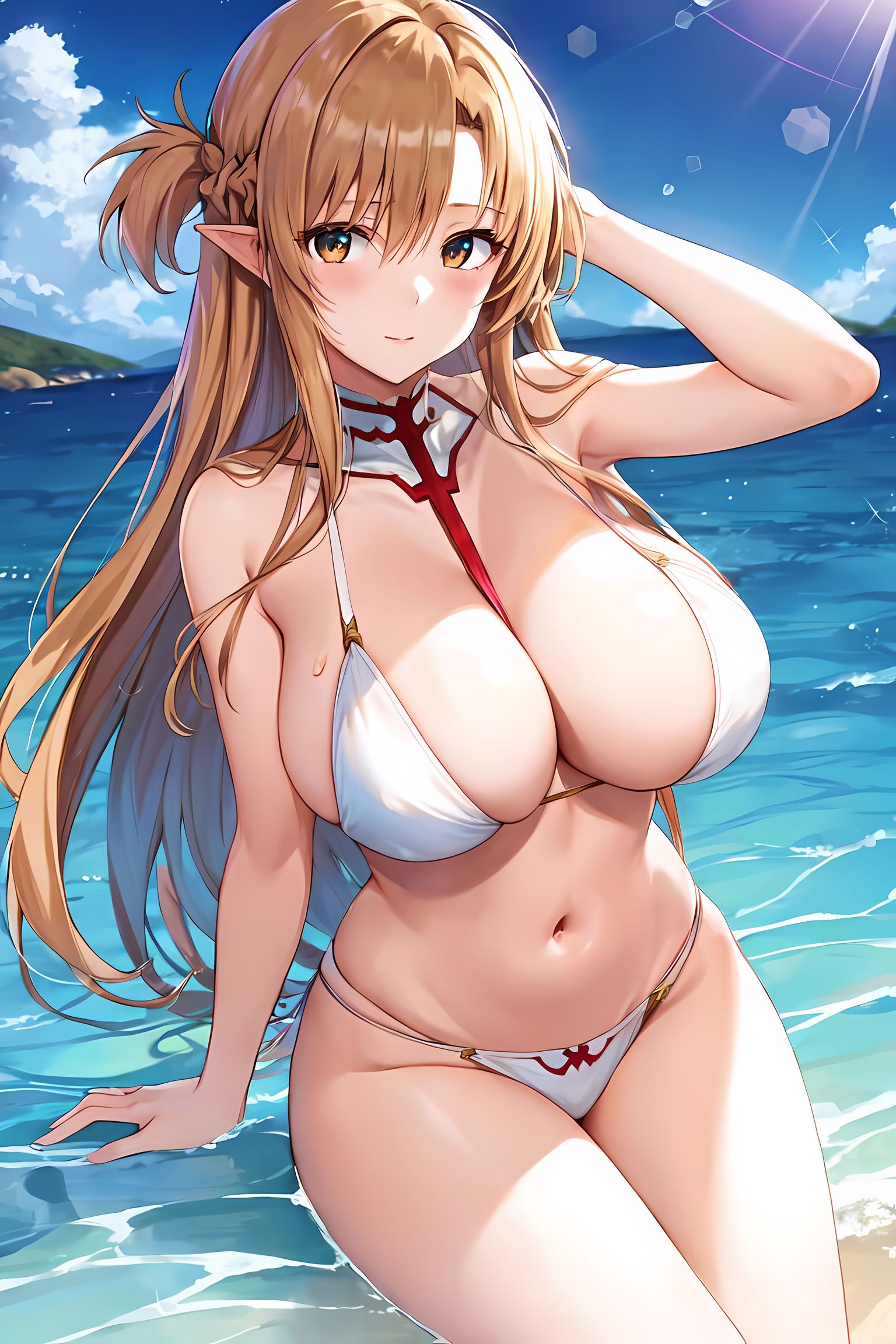 1girls, ai generated, bikini, blush, breasts, cleavage, female, huge breasts, light skin, light-skinned female, long hair, orange hair, outdoors, stable diffusion, sword art online, thick thighs, yuuki asuna