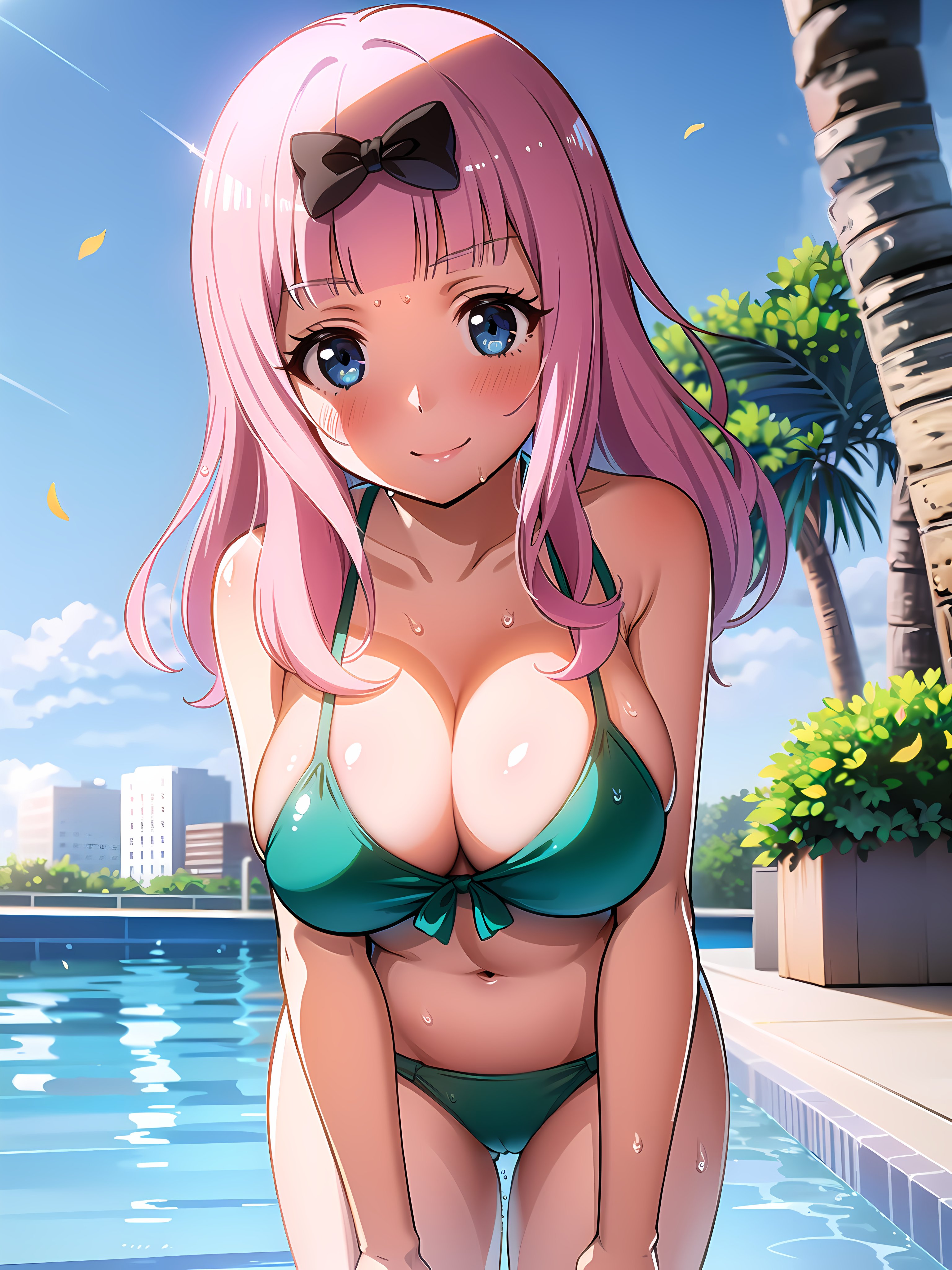 1girls, ai generated, bent over, big breasts, bikini, blue eyes, breasts, busty, cleavage, clothing, female, female only, fujiwara chika, green bikini, hi res, kaguya-sama wa kokurasetai ~tensai-tachi no renai zunousen~, large breasts, leaning forward, legs, long hair, looking at viewer, navel, pink hair, smile, solo, thighs, voluptuous, water