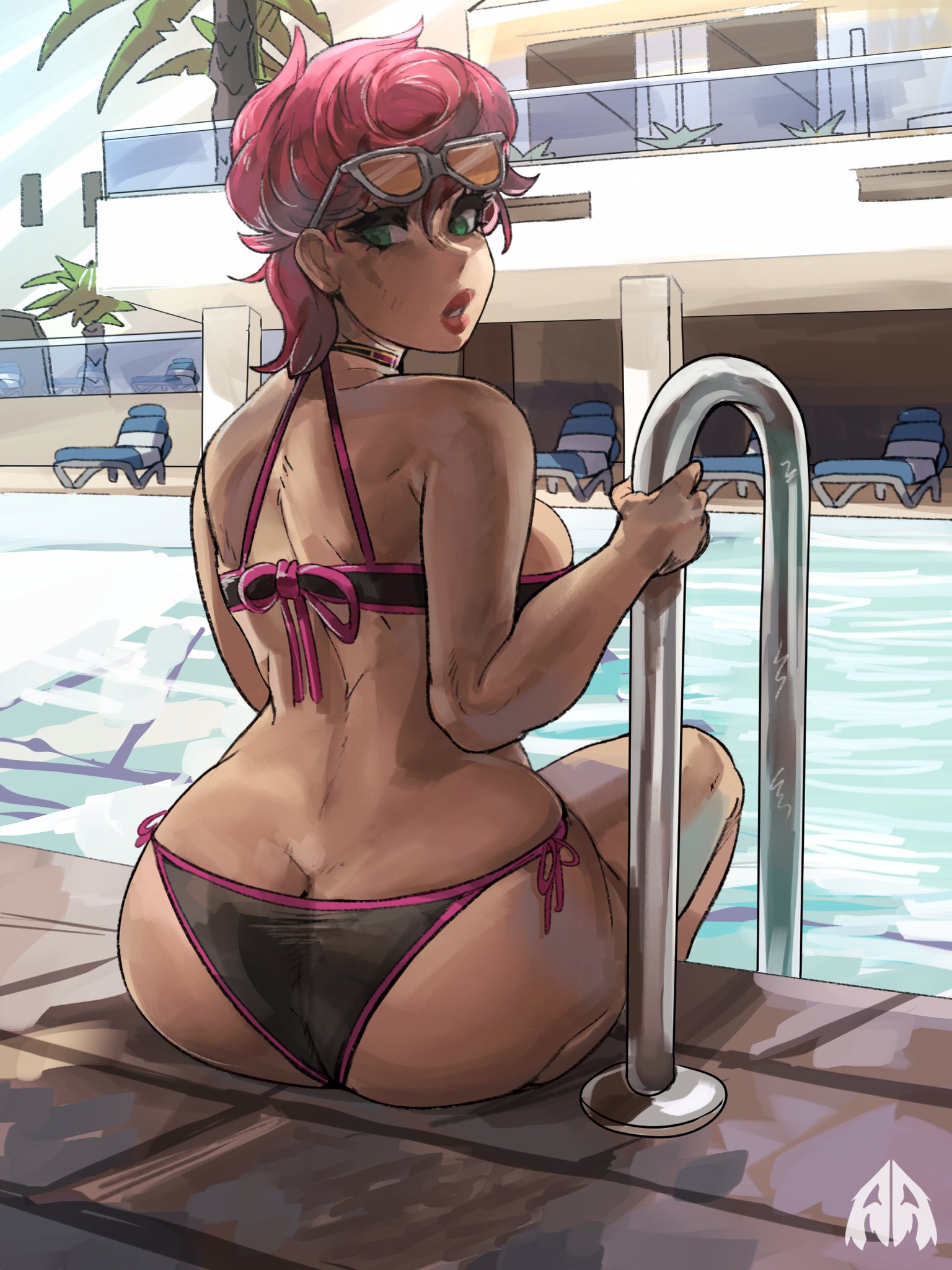 1girls, alamanderarts, ass, ass crack, big ass, big breasts, big butt, bikini, breasts, bubble butt, butt crack, female, high resolution, huge ass, huge breasts, jojo's bizarre adventure, large breasts, light skin, light-skinned female, outdoors, pink hair, pool, short hair, solo, sunglasses, sunglasses on head, swimsuit, thick ass, trish una, vento aureo