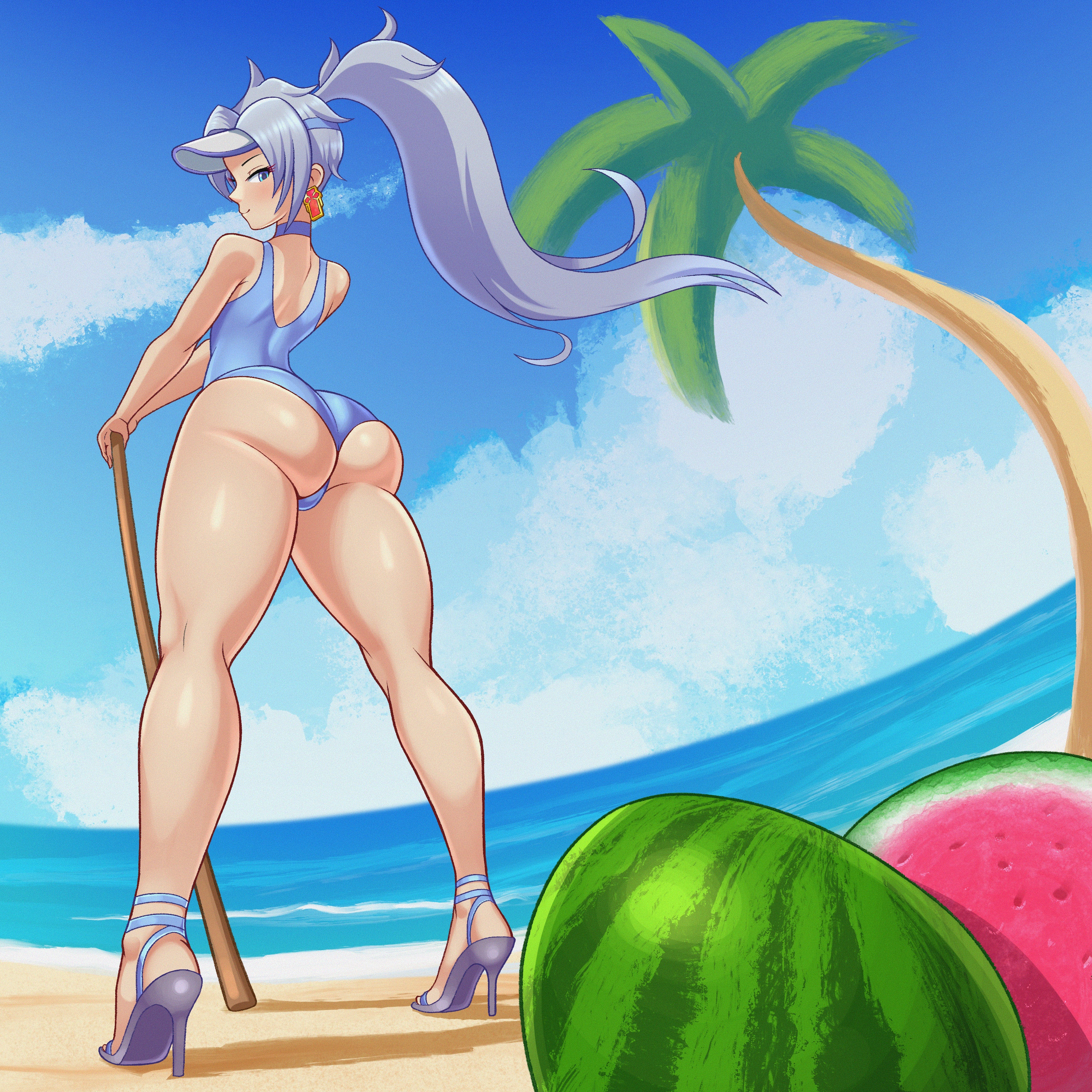 1:1, 1girls, a (xenoblade), ass, ass focus, back view, beach, big ass, blue eyes, blue hair, blush, breasts, choker, clothing, core crystal, earrings, eyelashes, female, female only, footwear, hi res, high heels, highres, light skin, light-skinned female, long hair, looking down, low-angle view, nintendo, outdoors, outside, palm tree, ponytail, sand, seaside, skindentation, sleepiitreat, small breasts, smile, smiling, solo, solo female, standing, swimsuit, thick thighs, video games, visor cap, watermelon, wide hips, xenoblade (series), xenoblade chronicles 3, xenoblade chronicles 3: future redeemed