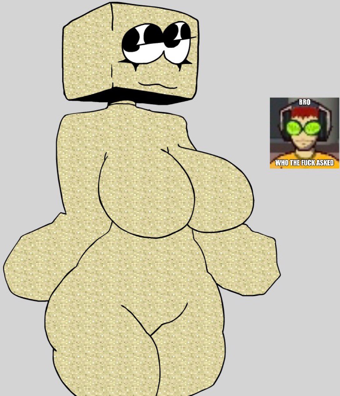 1girls animate_inanimate black_eyelids featureless_breasts female female_only looking_at_viewer meme minecraft minecraft_anthro_block minecraft_sand_block sand solo tagme