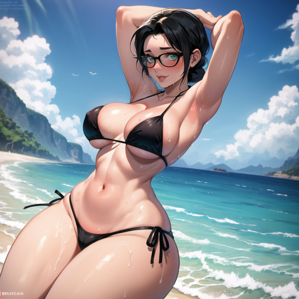 ai_generated armpits arms_up big_breasts bikini black_bikini cixf glasses huge_breasts miss_pauling revealing_bikini sweat sweaty team_fortress_2 tf2 thick_thighs voluptuous wet wet_body