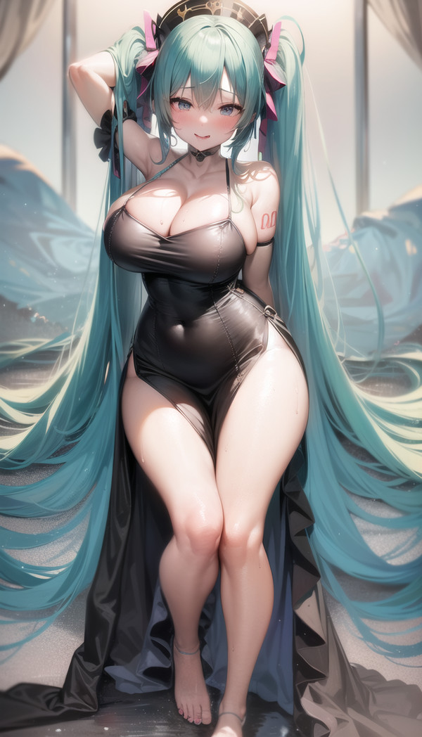 1girl, 1girls, ai generated, anklet, aqua eyes, aqua hair, arm up, bangs, bare shoulders, barefoot, big breasts, black dress, black headwear, blue eyes, blue hair, blush, breasts, choker, cleavage, collarbone, covered navel, dress, elbow gloves, feet, female, full body, gloves, hair ribbon, halterneck, hat, hatsune miku, jewelry, large breasts, legs, long hair, looking at viewer, nail polish, pelvic curtain, ribbon, single elbow glove, sitting, smile, solo, sweat, tattoo, thick thighs, thighs, toenail polish, toenails, toes, torn clothes, twintails, very long hair, vocaloid
