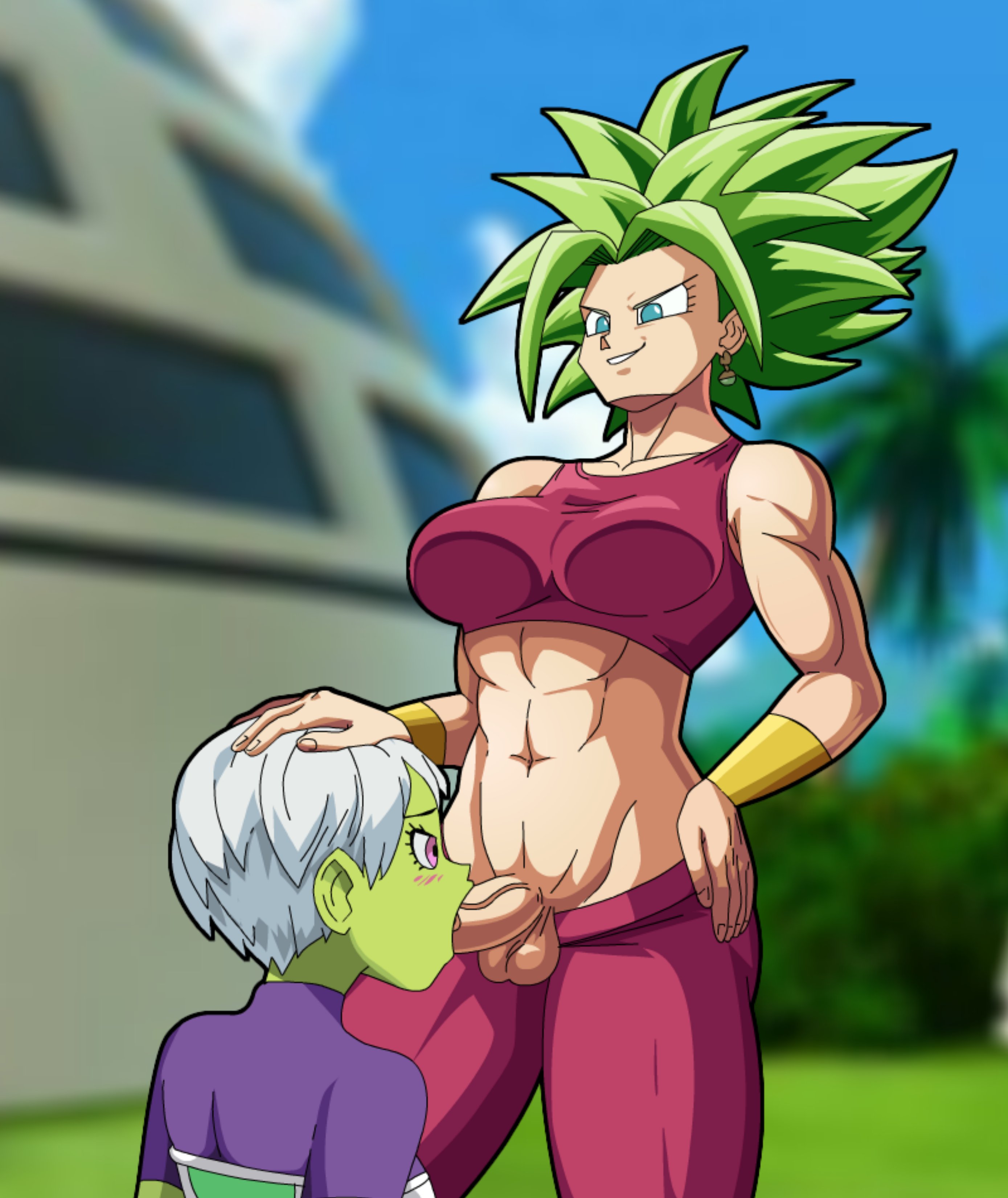 1futa, abs, big breasts, blowjob, breasts, cheelai, divine wine, dragon ball, dragon ball super, female, futa on female, futanari, green hair, green skin, intersex, kefla, legendary super saiyan, muscular, muscular futa, saiyan, super saiyan, super saiyan 2, vampiranhya (artist), white hair