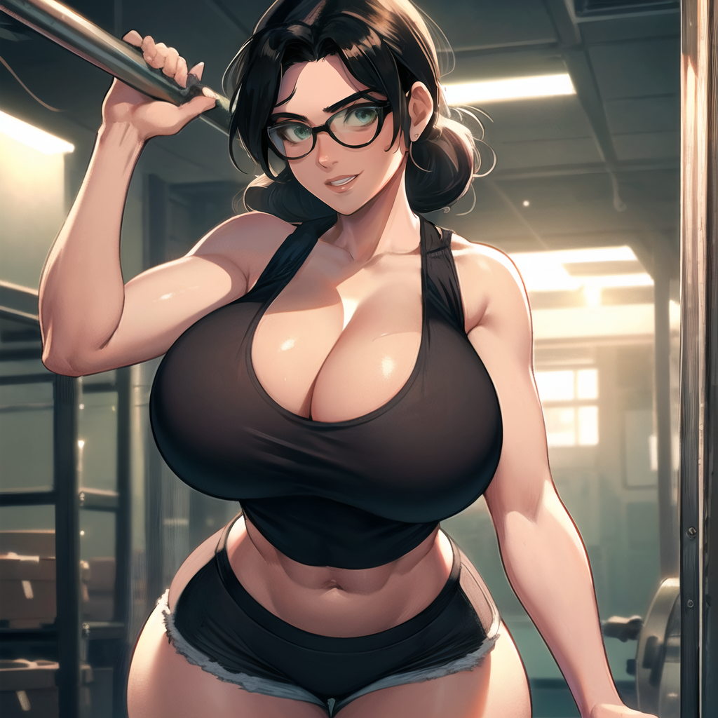 ai_generated bent_over big_ass big_breasts black_tank_top boob_window cixf glasses huge_breasts looking_at_viewer miss_pauling storage_room team_fortress_2 tf2 voluptuous