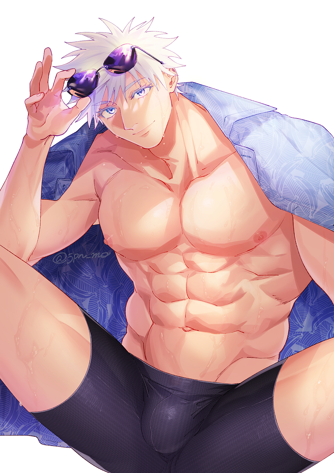 1boy bulge ccccc_(jpn_m0) eyewear_on_head jujutsu_kaisen male male_only muscular_male pectorals satoru_gojo solo sunglasses_on_head underwear