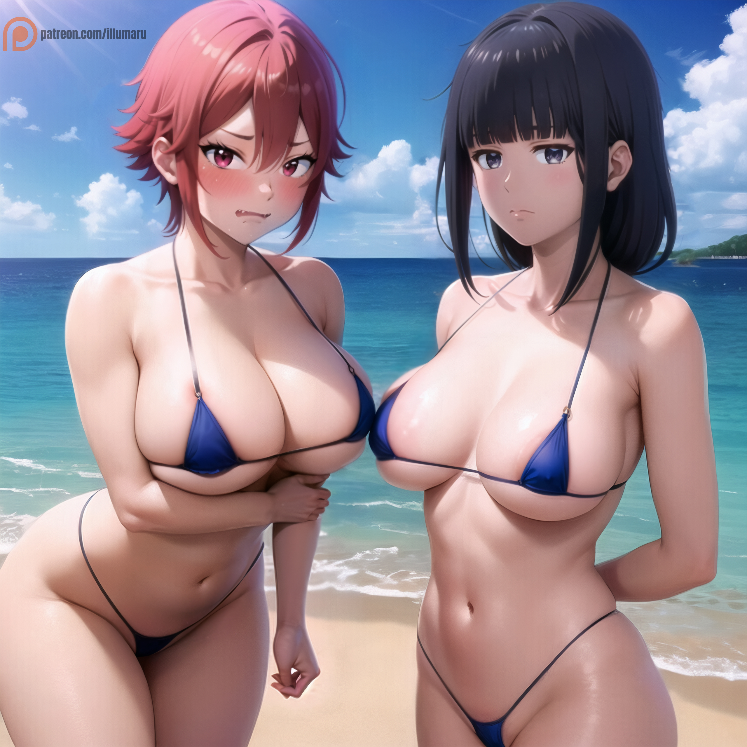2023, 2girls, ai generated, aizawa tomo, areola slip, areolae, beach, big breasts, bikini, bikini bottom, bikini top, blush, breasts, cleavage, confused, curvaceous, curvy, curvy figure, detailed, embarrassed, female, female only, gundou misuzu, hi res, hug, huge breasts, illumaru, large breasts, light skin, light-skinned female, looking at viewer, medium breasts, micro bikini, open mouth, outdoors, purple eyes, purple hair, red eyes, red hair, sea, short hair, small breasts, stable diffusion, standing, thick thighs, tomboy, tomo-chan wa onna no ko, voluptuous