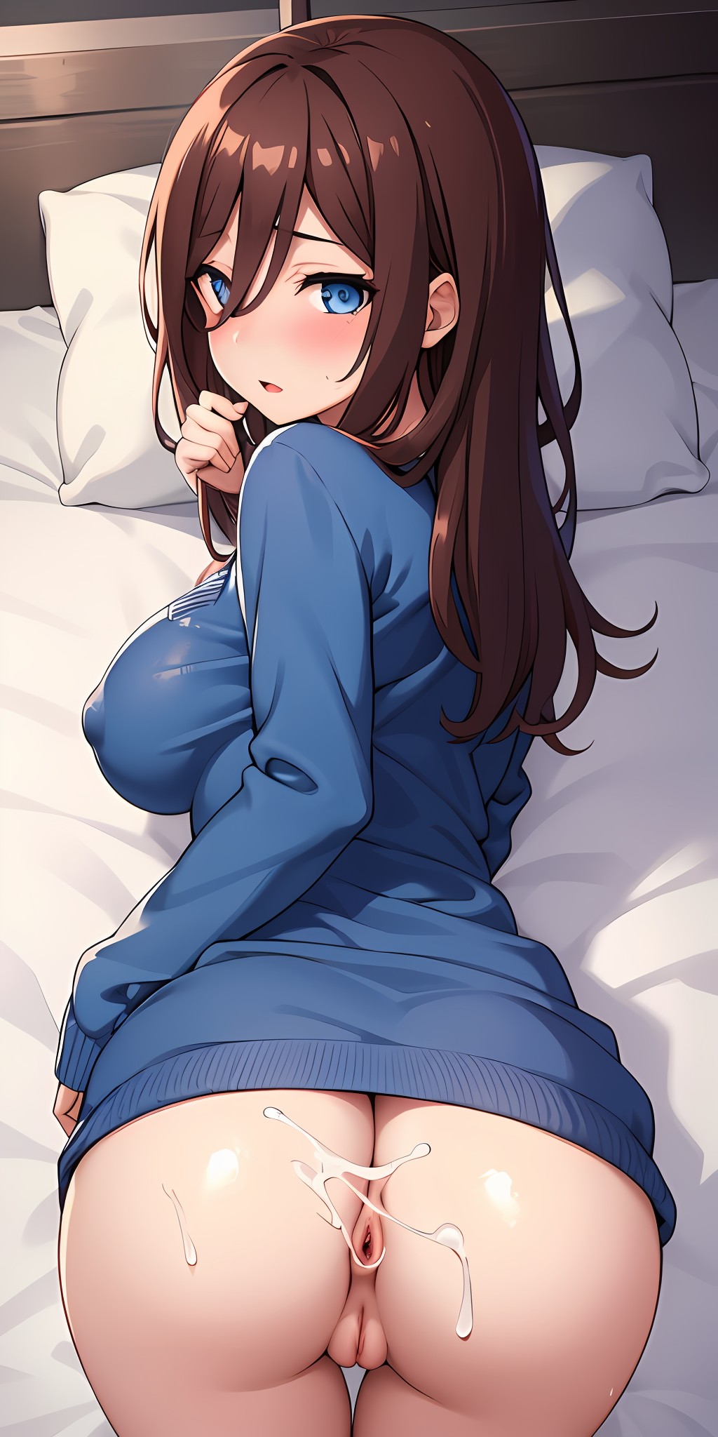 ai_generated ass bahamut0 bent_over blush bottomless breasts brown_hair cardigan cum cum_on_body doggy_style go-toubun_no_hanayome hair_between_eyes headphones looking_at_viewer nakano_miku nipples_visible_through_clothing no_bra on_bed pov pussy stable_diffusion sweater vagina