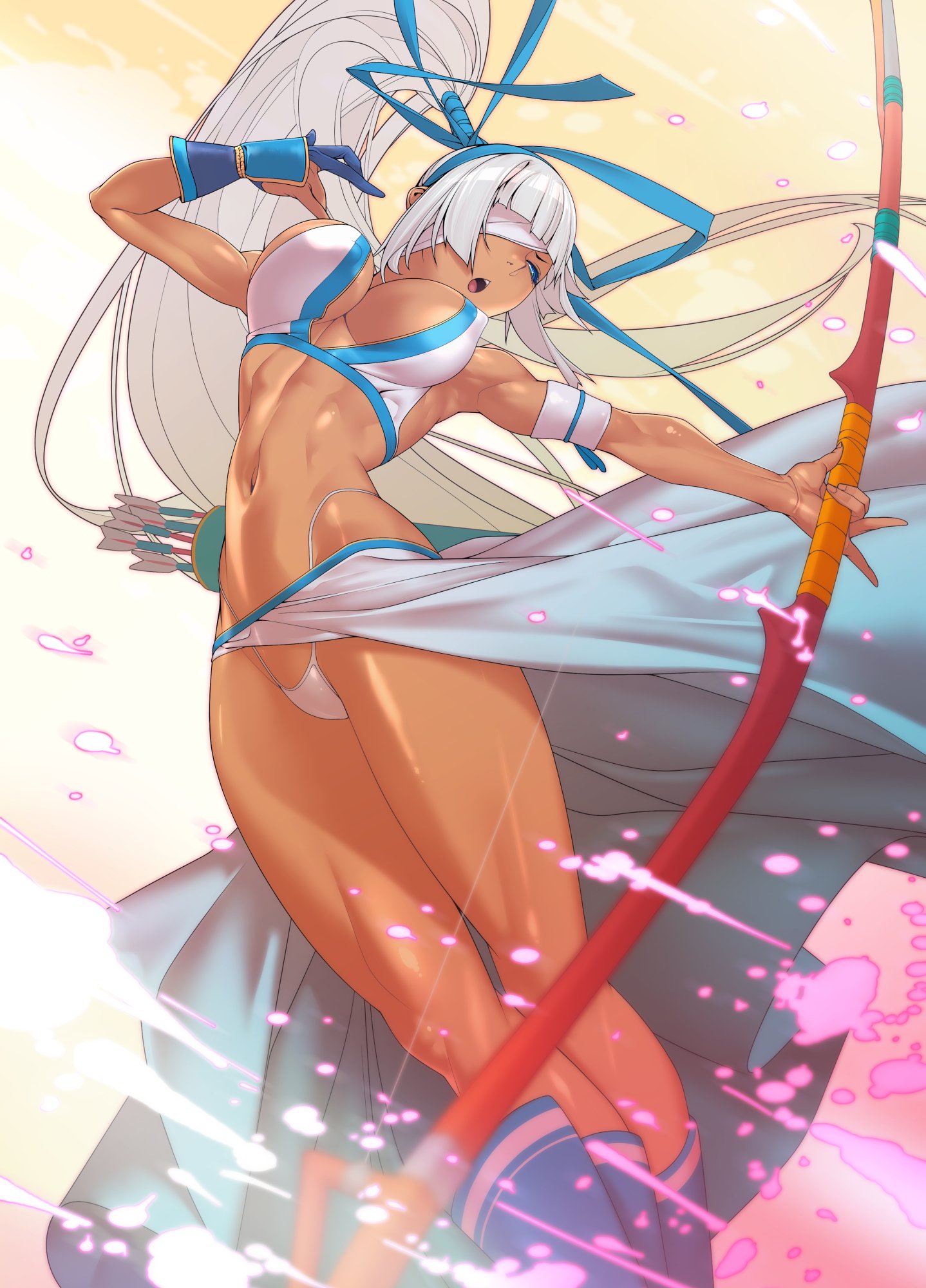 1girls, arrow (weapon), bow (weapon), eyepatch, female, full cleavage, gloves, high ponytail, highleg, highleg panties, highleg thong, majikina mina, nipple bulge, one eye obstructed, pelvic curtain, pelvic curtain aside, revealing clothes, samurai shodown, snk, solo female, tan body, tanned female, thong, tomoyuki kotani, toned, toned female, very long hair, white hair