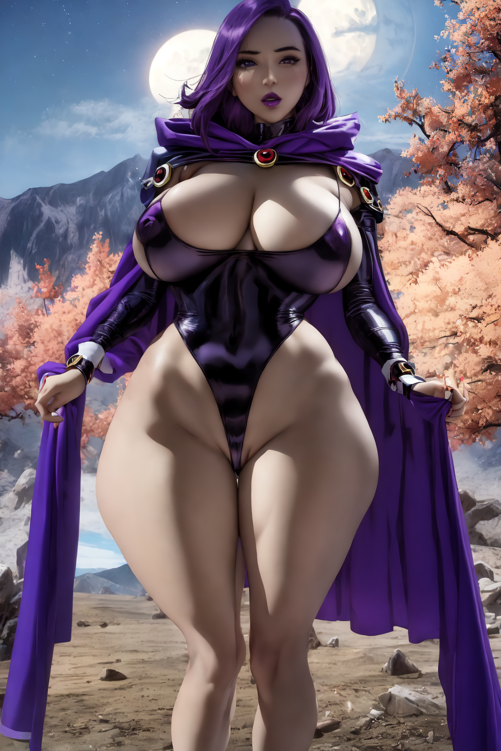 1girls, ai generated, breasts, cloak, dc, dc comics, erect nipples, erect nipples under clothes, female, female only, huge breasts, latex, nipples, one-piece swimsuit, purple swimsuit, rachel roth, raven (dc), solo, stable diffusion, swimsuit, tagme, teen titans, the hotshot, thick thighs, wide hips